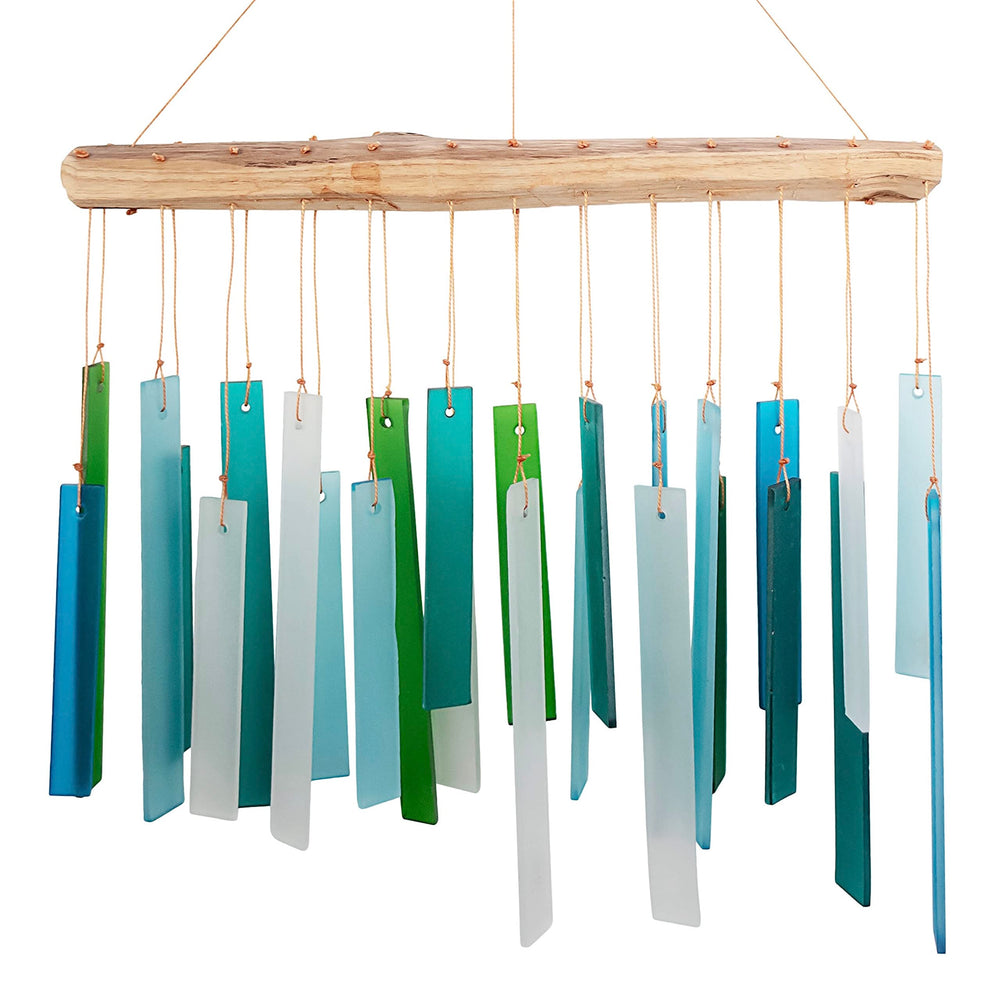 Ocean Blue Sea Glass Driftwood Wind Chime front view with gentle hues
