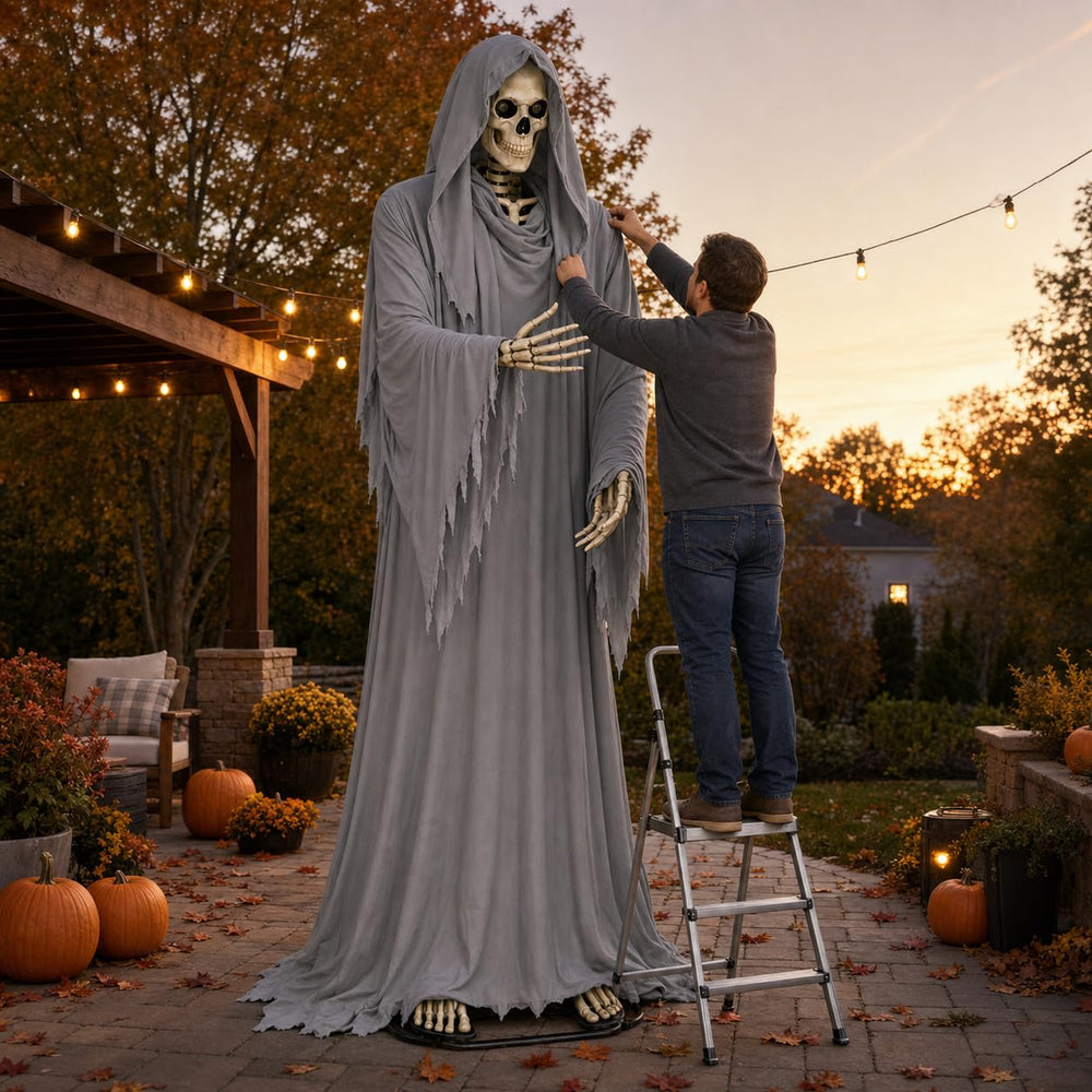 OceanCamel Grim Reaper Robe draped over a skeleton in a yard