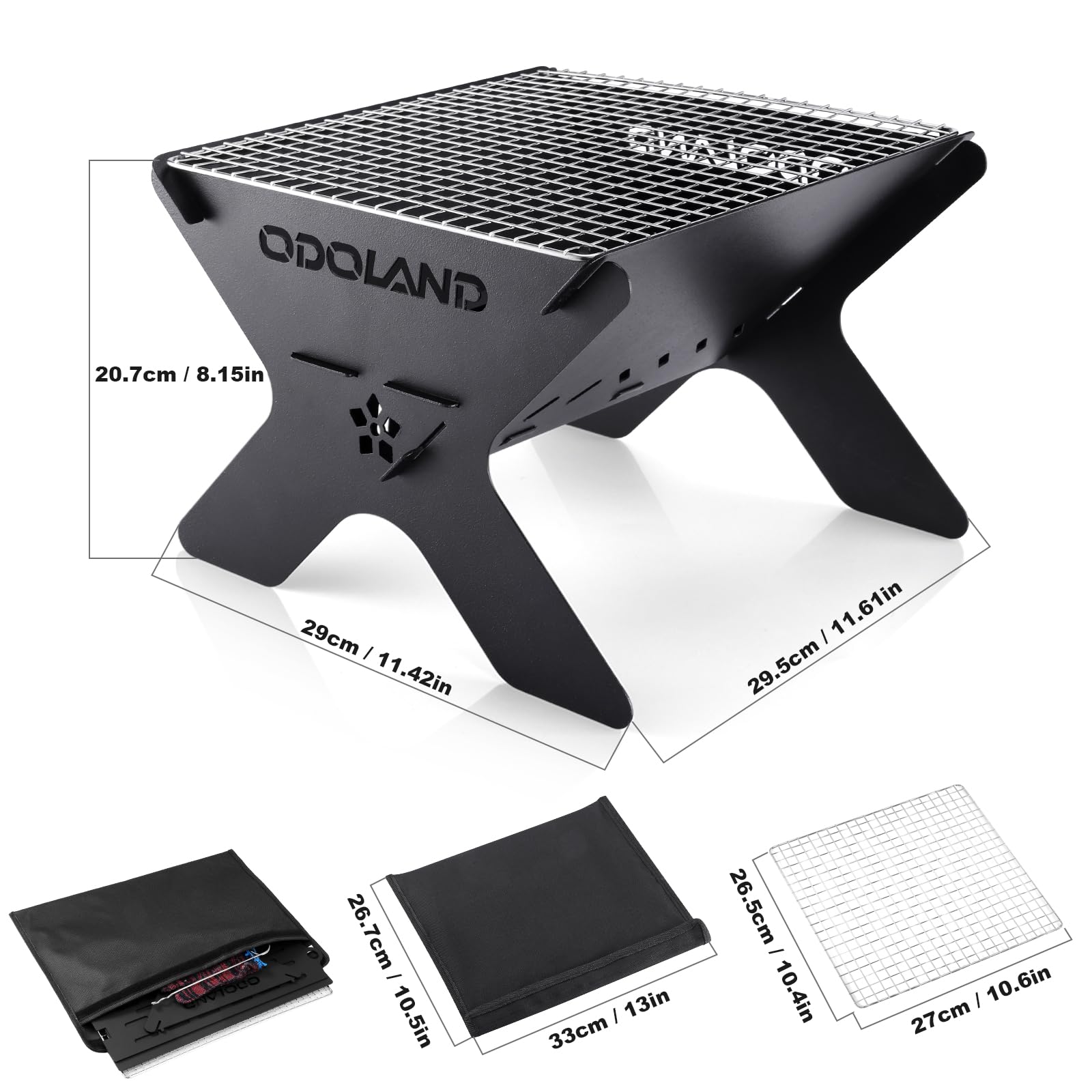 Odoland Portable Charcoal Grill side view with carry bag
