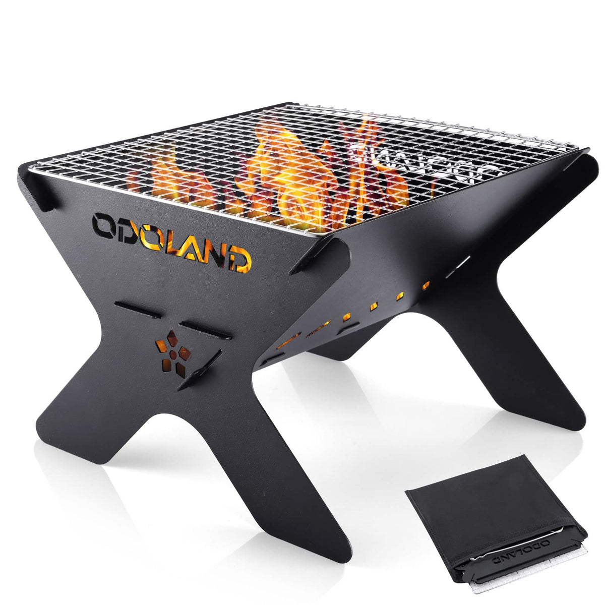 Odoland Portable Folding Charcoal Grill front view with stainless steel rack