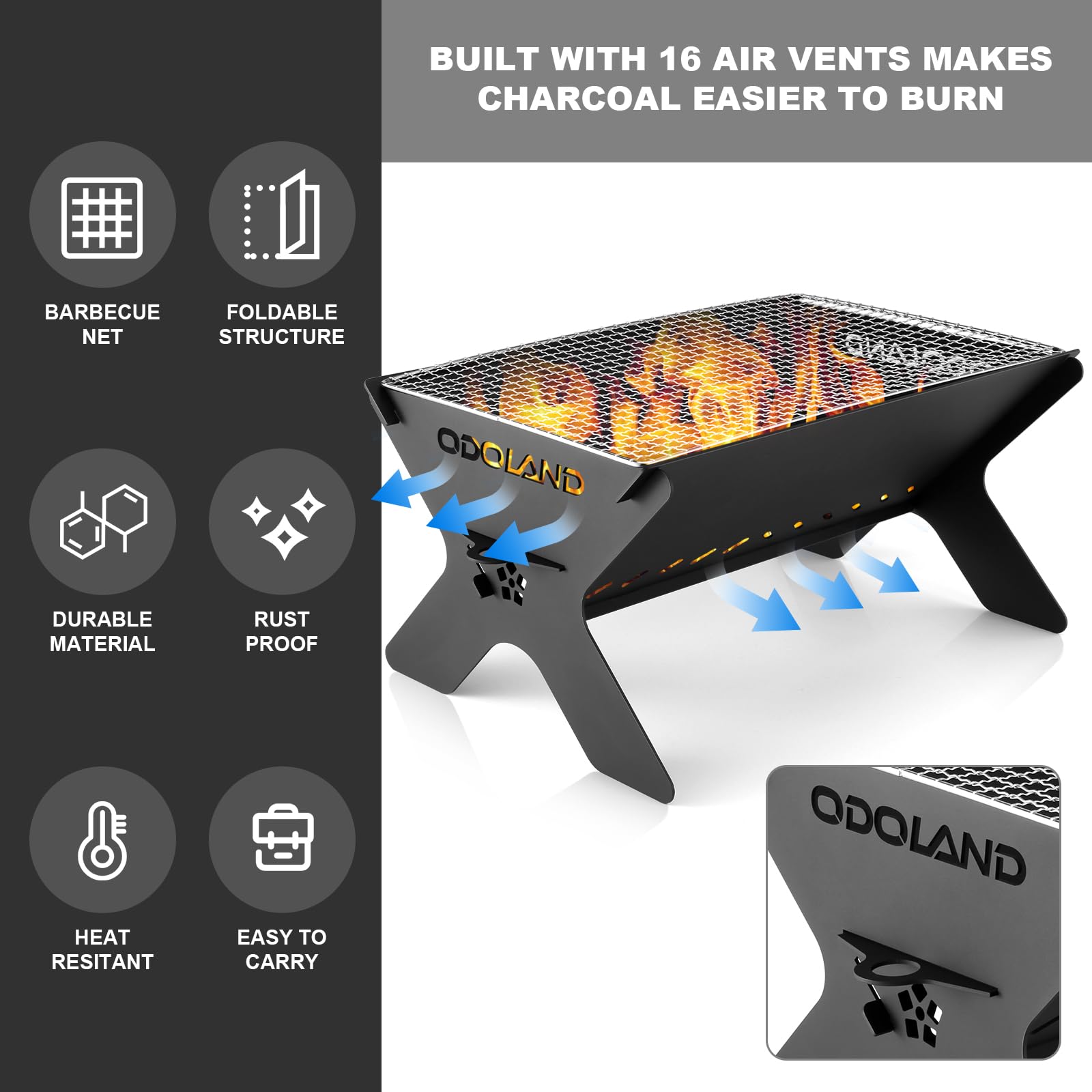 Odoland Portable Folding Charcoal Grill showing grill rack size