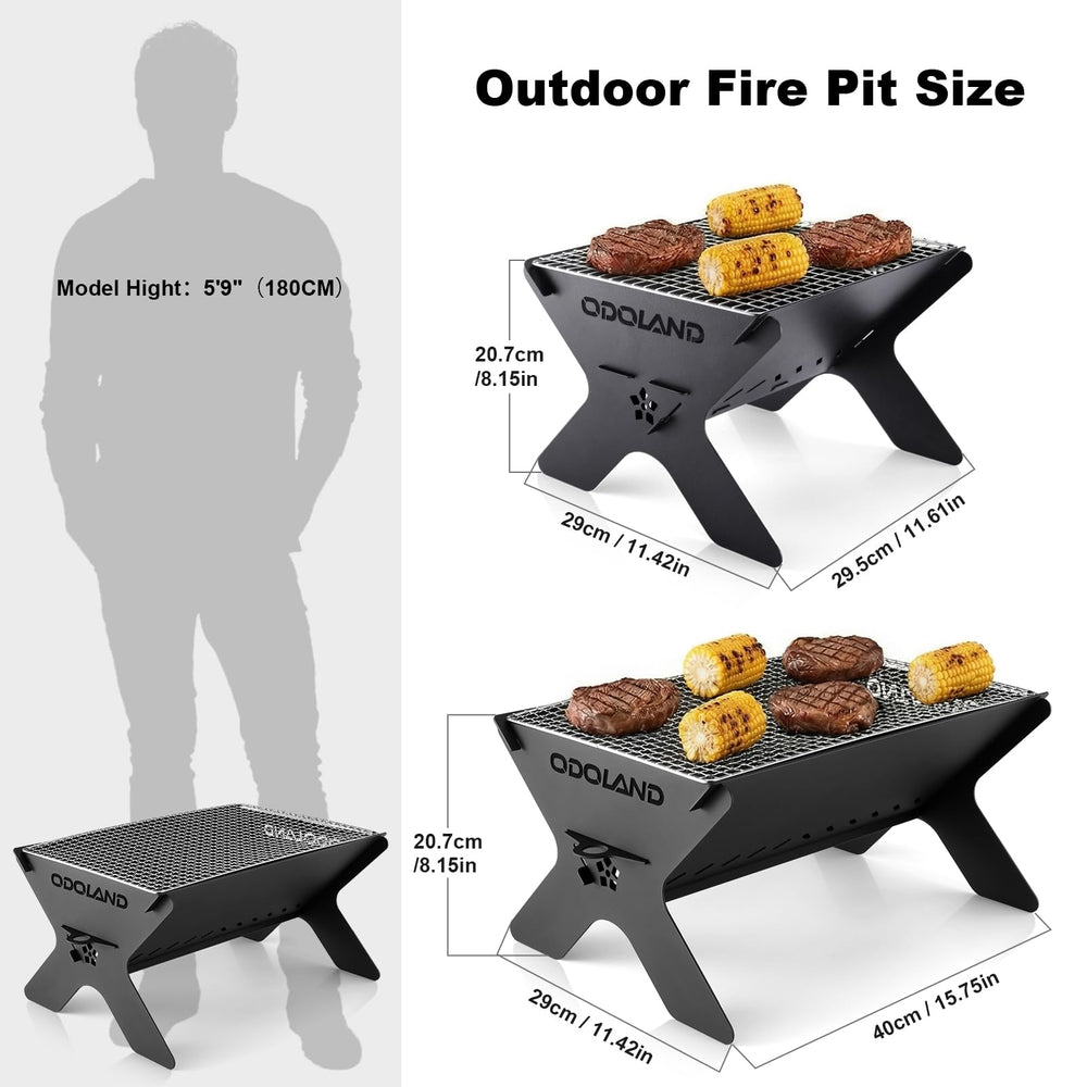 Odoland Portable Folding Charcoal Grill side view with cooking setup