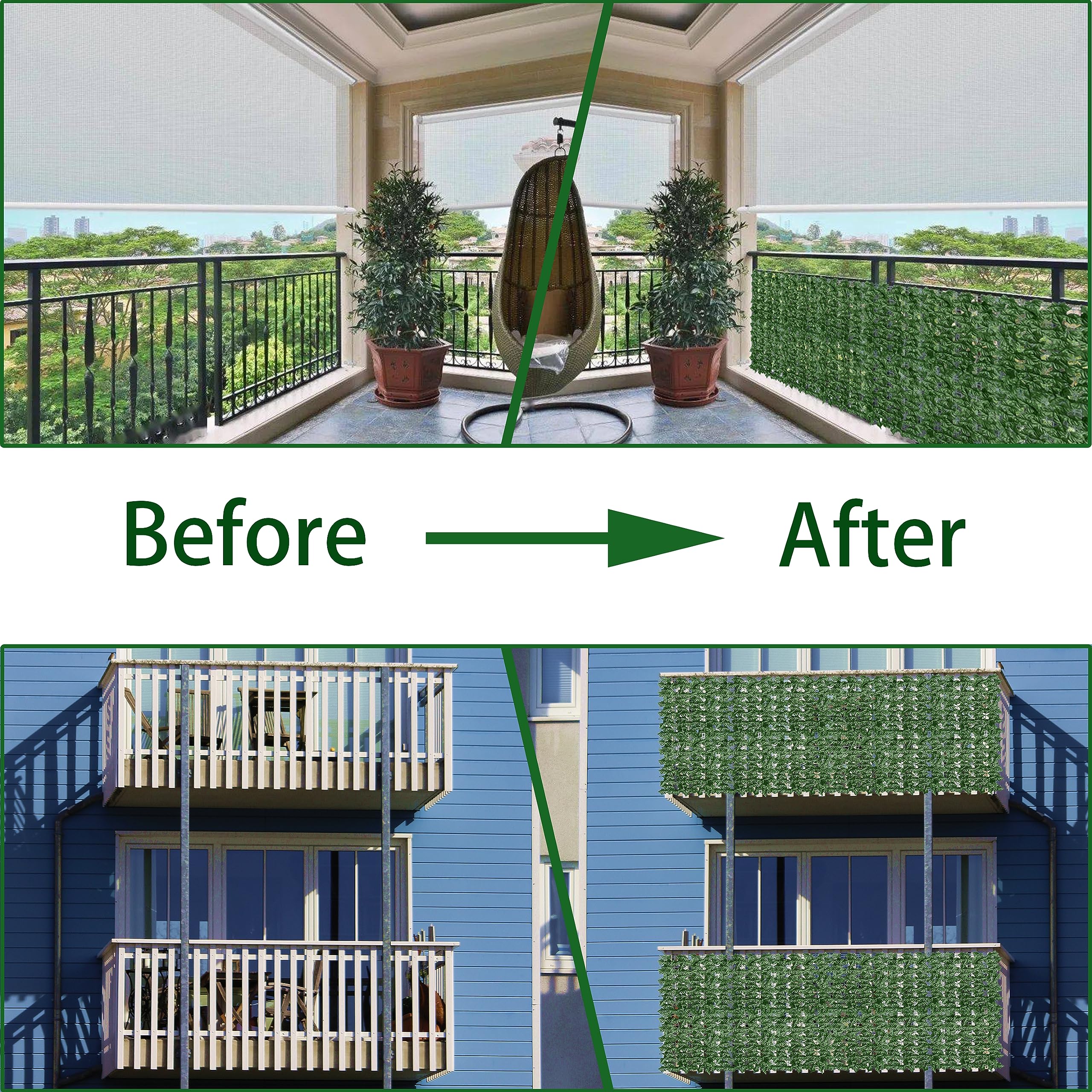 ODTORY Artificial Ivy Privacy Screen Panel set up on a balcony