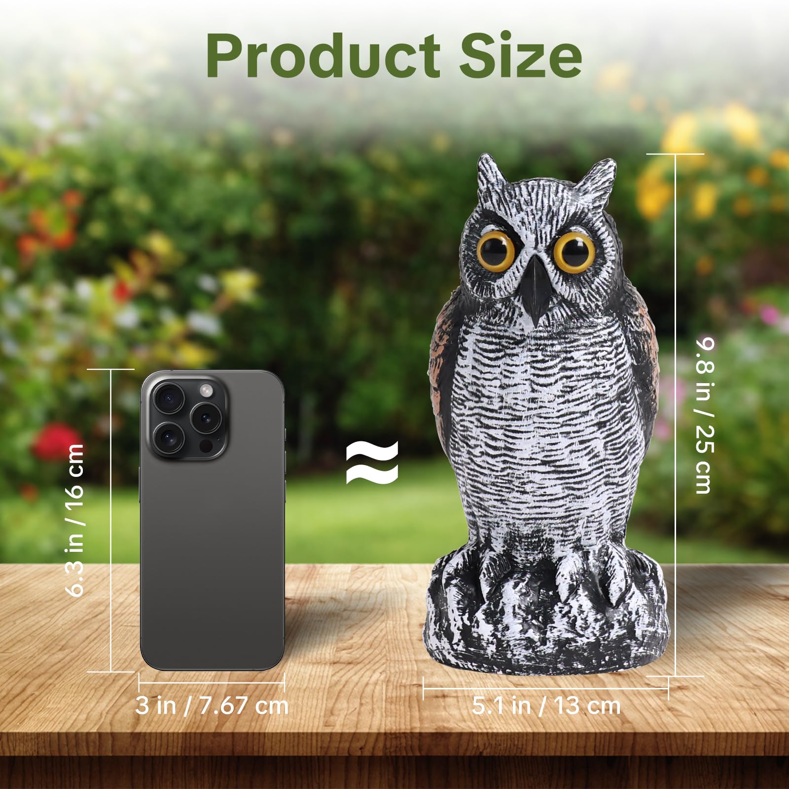 OFFO 10 Inch owl statue against a sunny garden backdrop