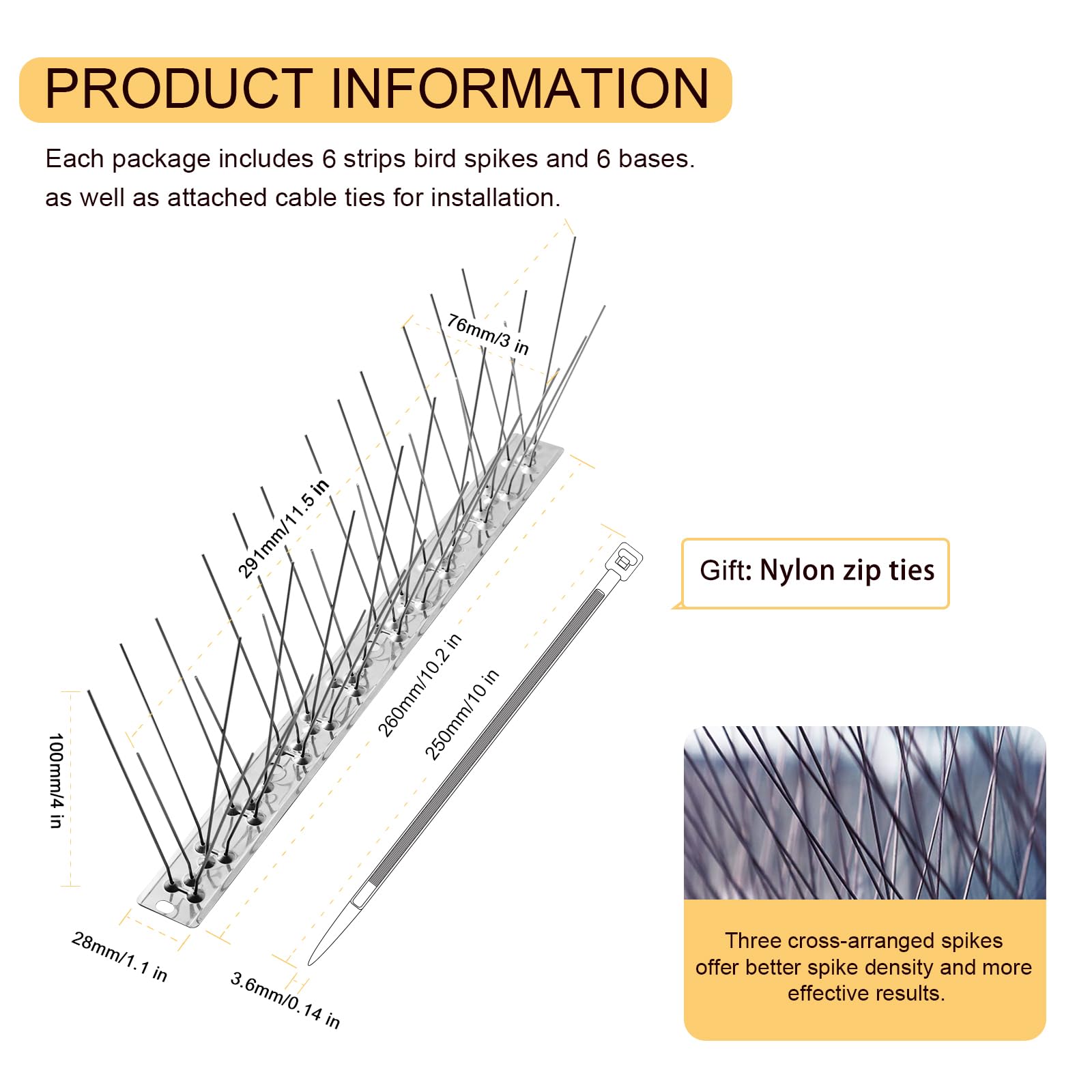 OFFO Bird Spikes package displaying dimensions