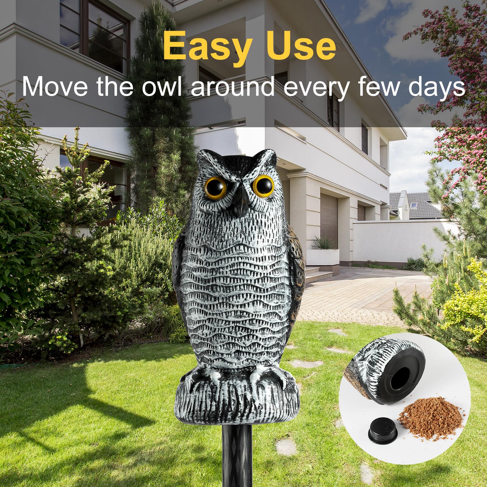 OFFO owl statue placed among garden flowers