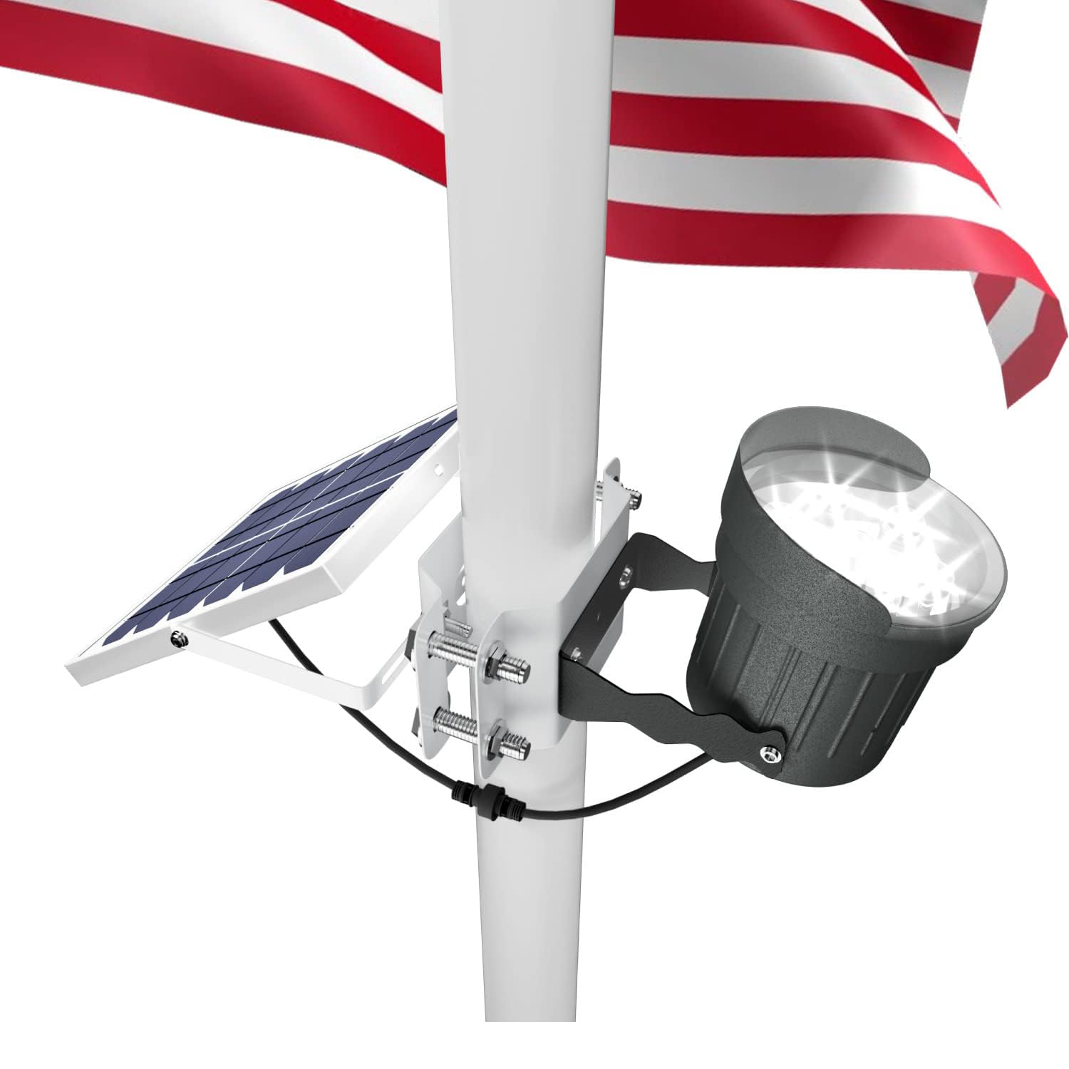 Ofuray Solar Flag Pole Light front view with mounting hardware