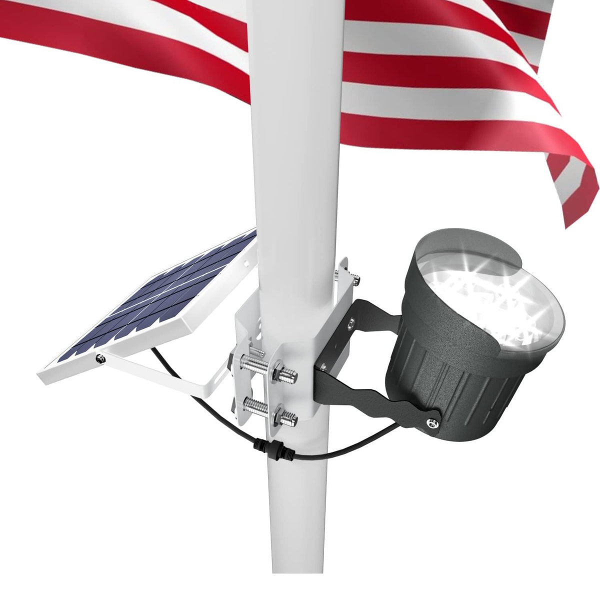 Ofuray Solar Flag Pole Light front view with mounting hardware