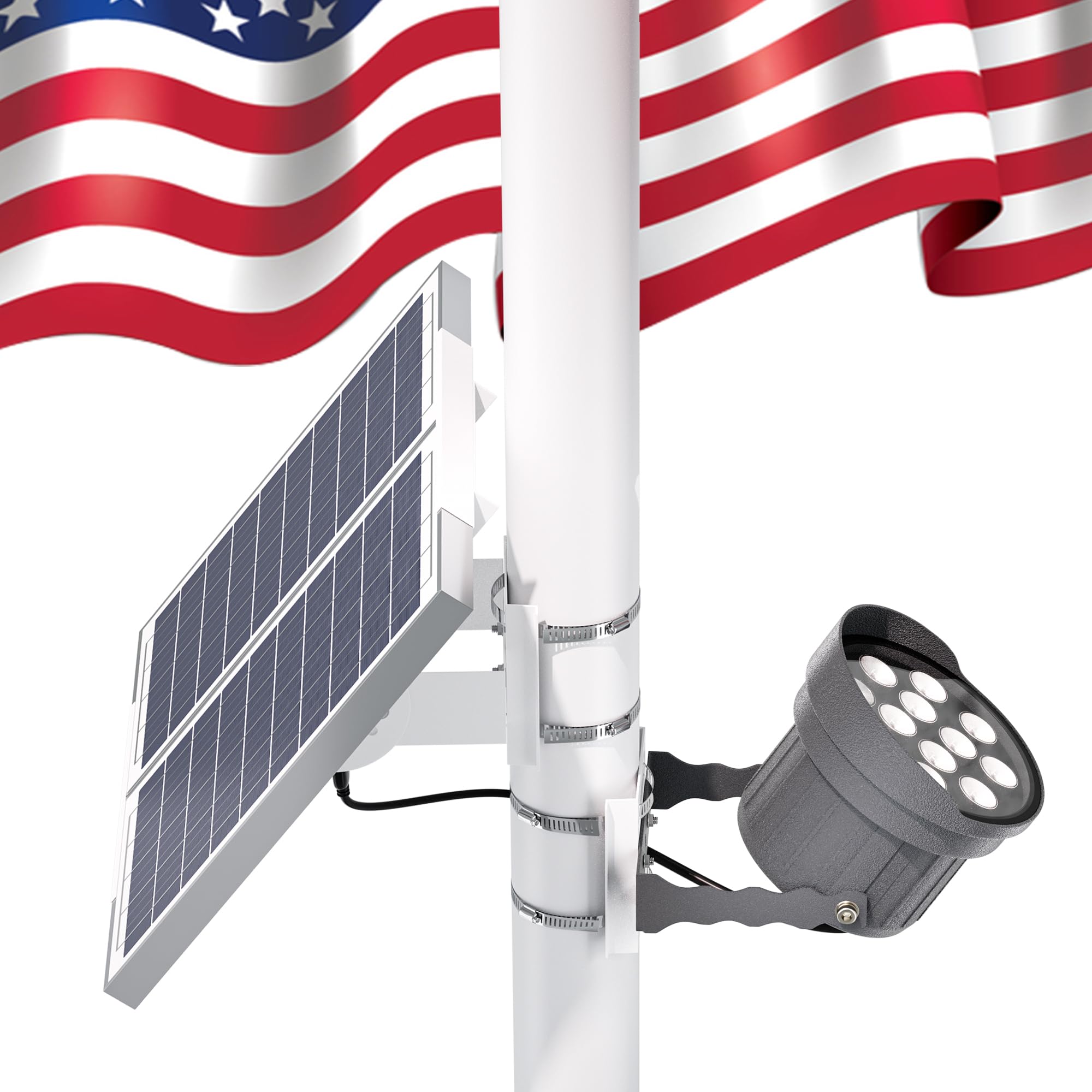 Ofuray Solar Flag Pole Light front view with solar panels