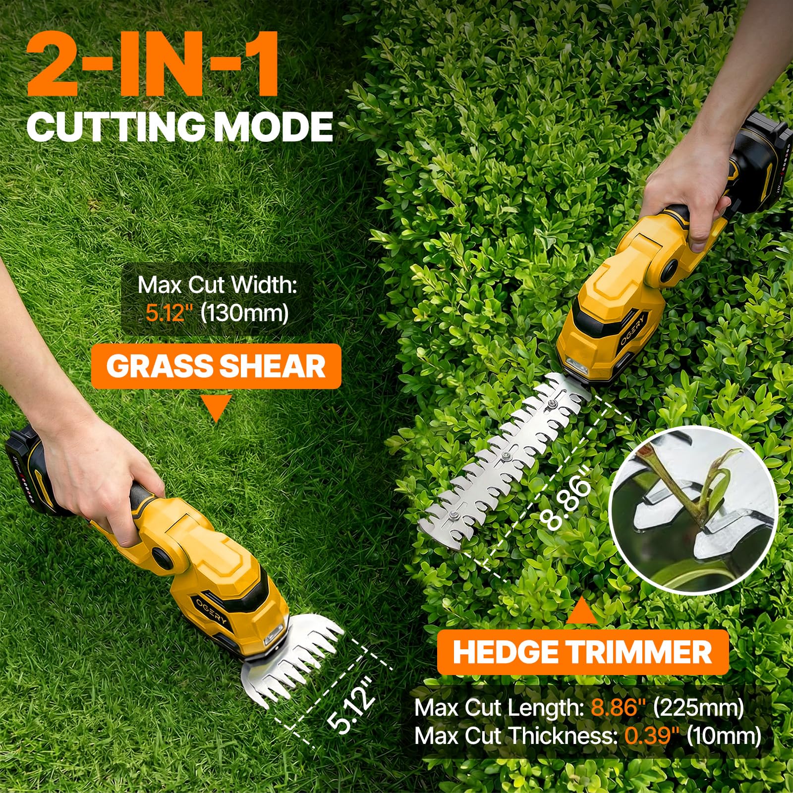 OGERY 2-in-1 Cordless Hedge Trimmer showing grass shears
