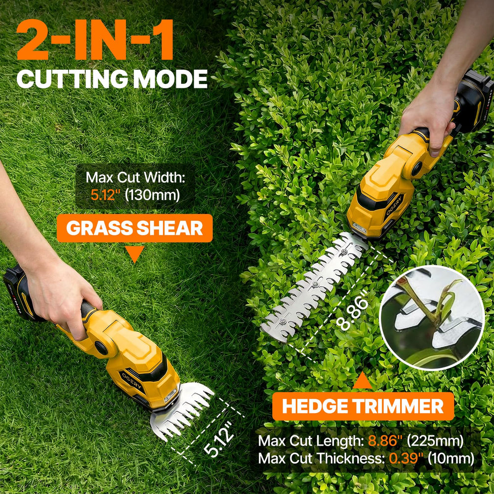 OGERY 2-in-1 Cordless Hedge Trimmer showing grass shears