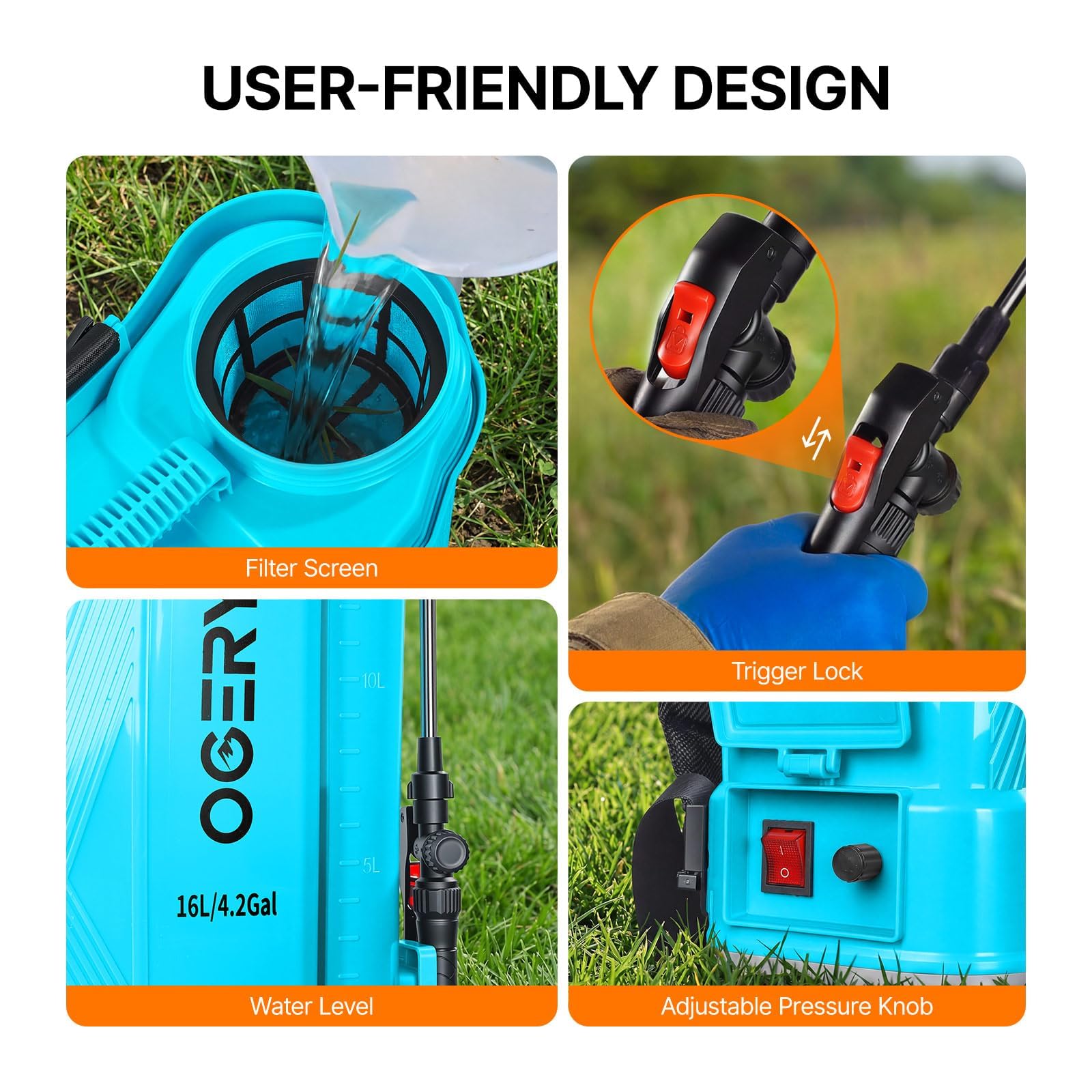 OGERY Battery Powered Backpack Sprayer in outdoor garden setting