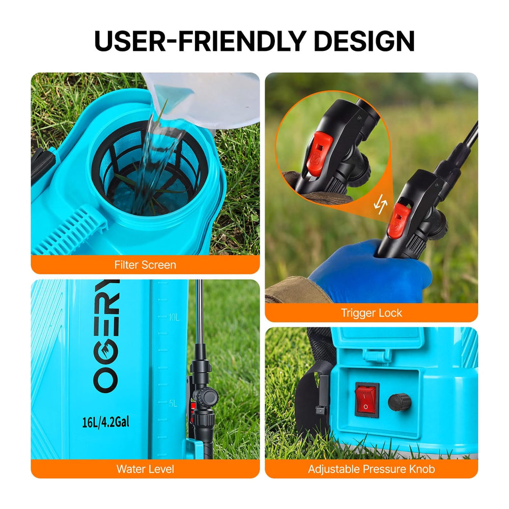 OGERY Battery Powered Backpack Sprayer in outdoor garden setting