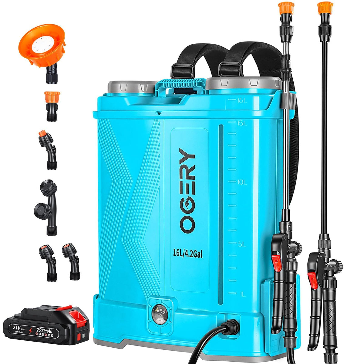 OGERY Battery Powered Backpack Sprayer with blue colour and dual wands