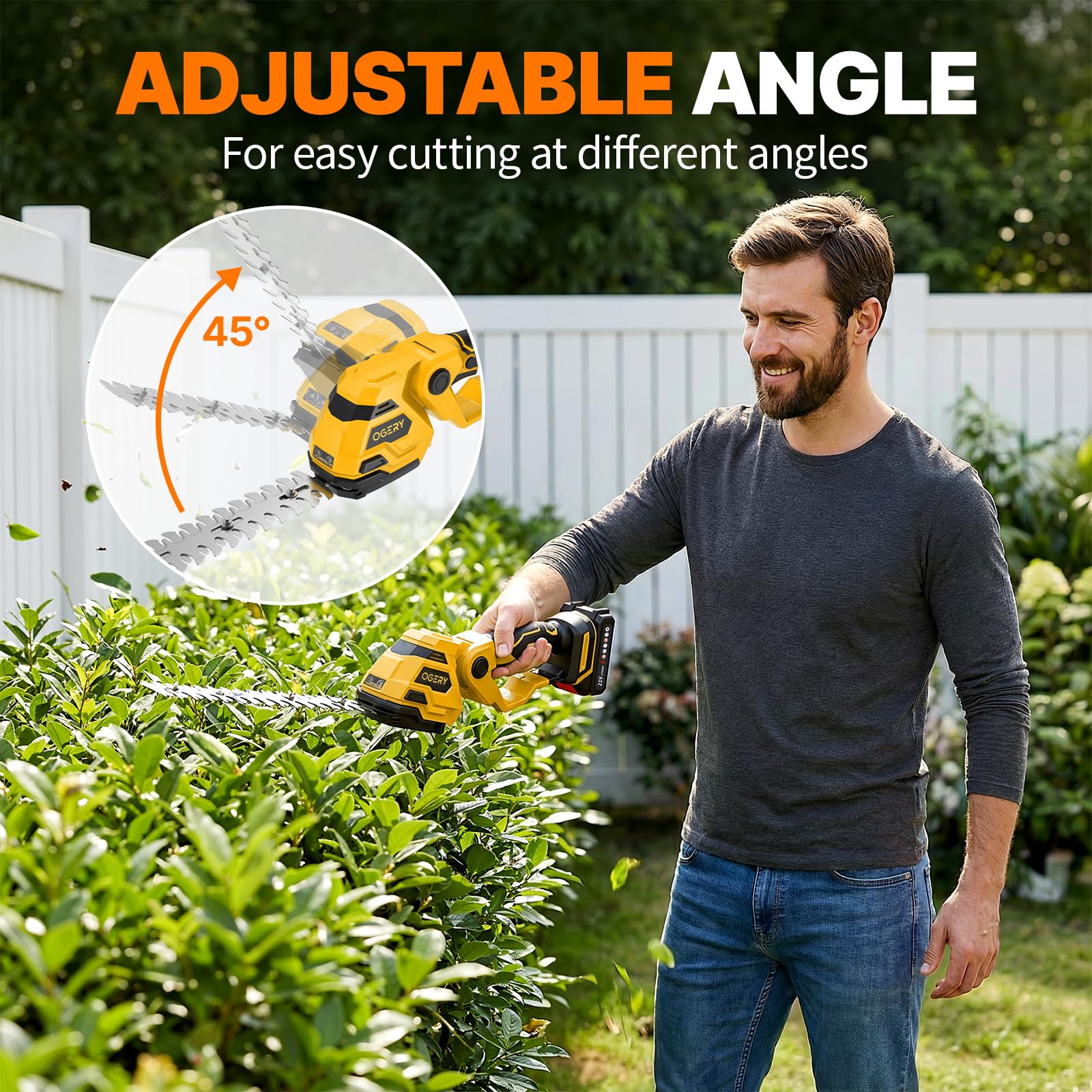 OGERY hedge trimmer in use on garden hedges