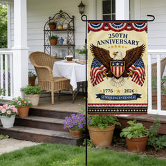 OHOME 250th Anniversary Garden Flag displayed in a garden setting
