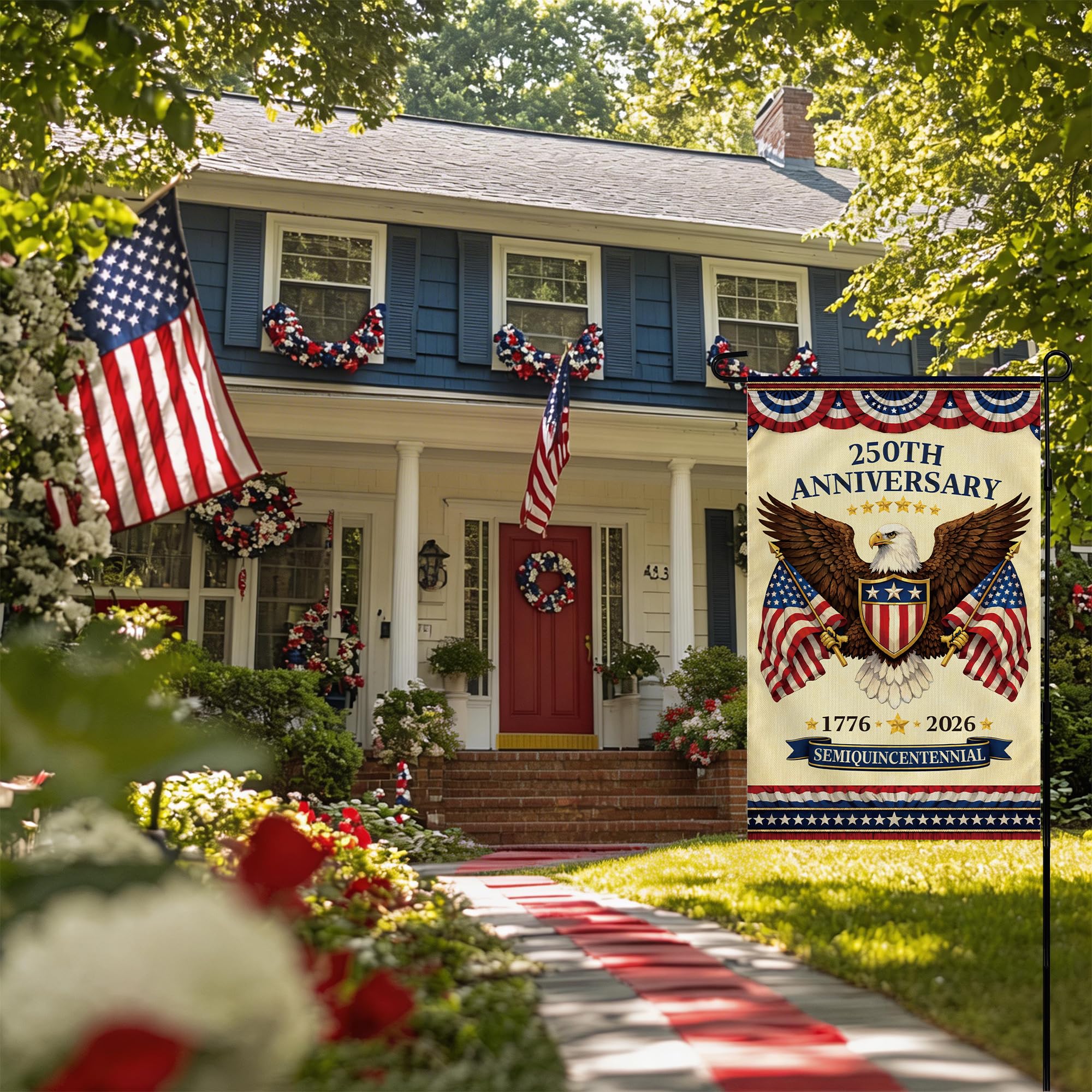 OHOME 250th Anniversary Garden Flag in vibrant red and blue colours