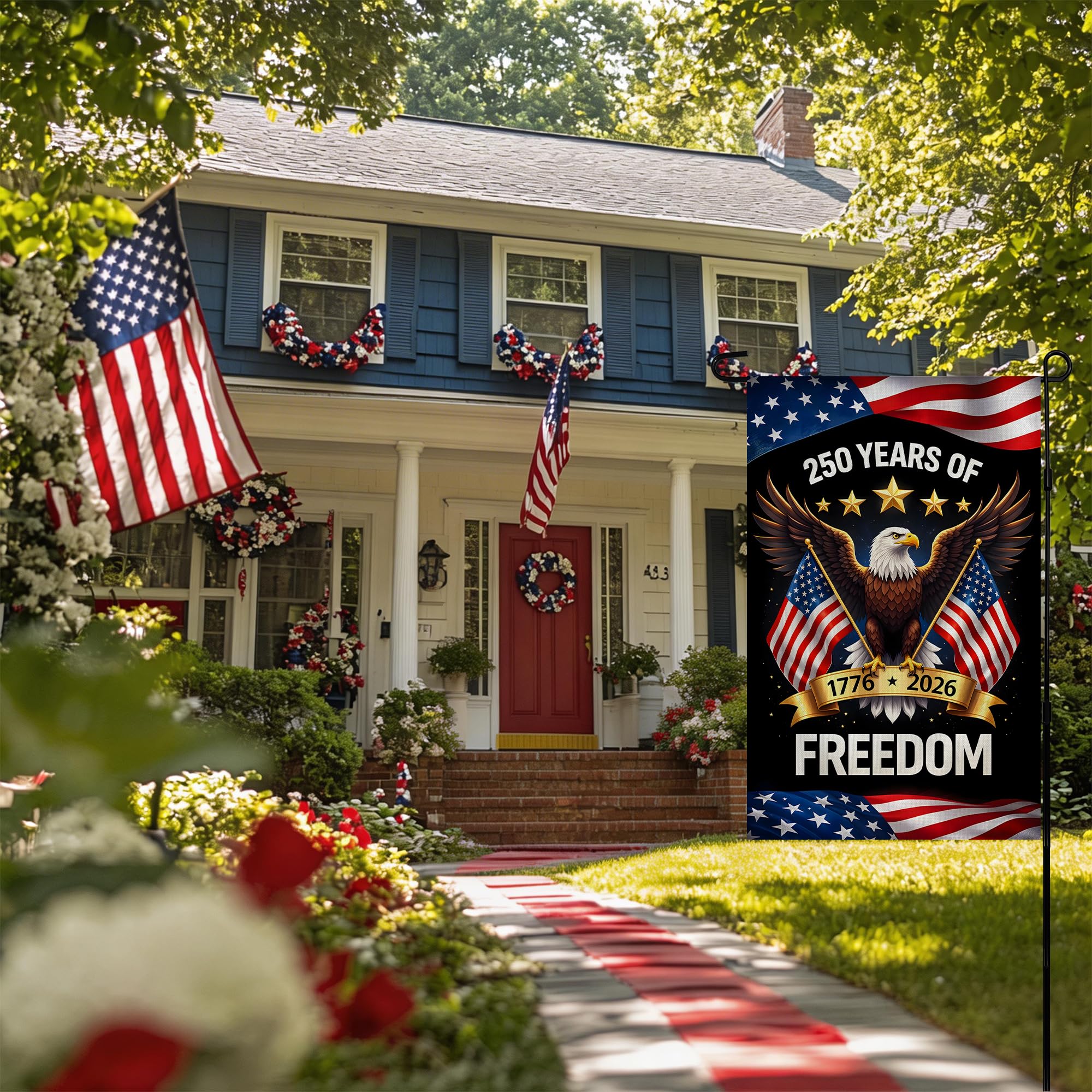OHOME 250th Anniversary USA flag displayed in a patriotic garden setting