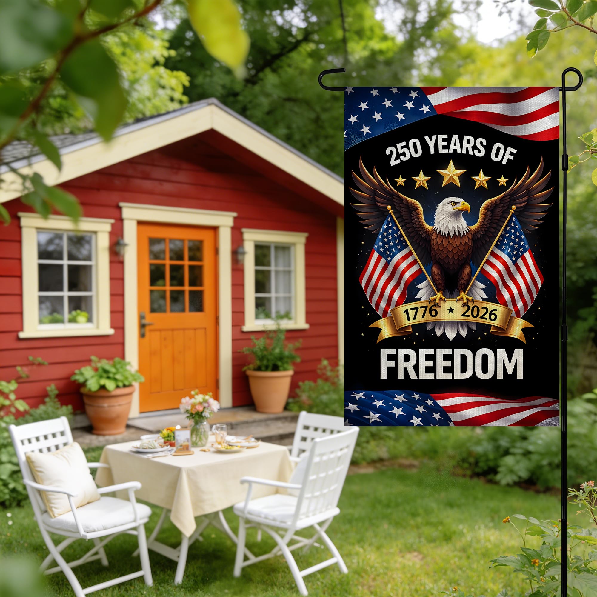OHOME 250th Anniversary USA flag displayed on a garden stand