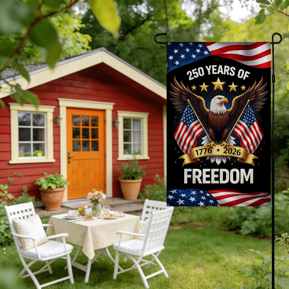 OHOME 250th Anniversary USA flag displayed on a garden stand