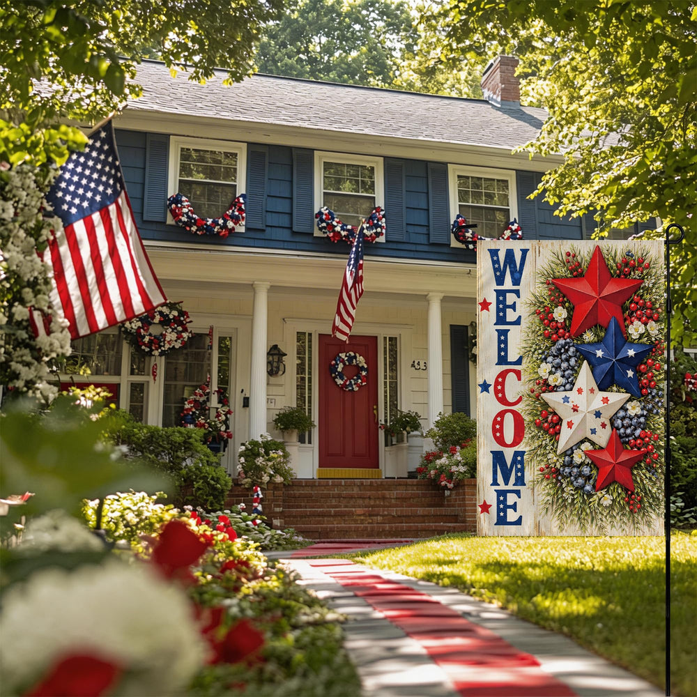 OHOME garden flag alongside other 4th of July decorations