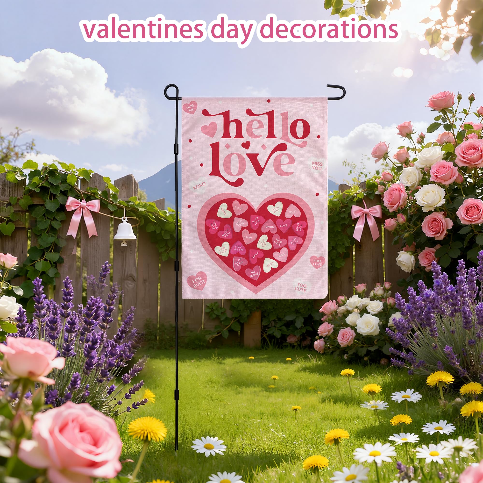 OHOME Heart Love Garden Flag on a patio during Valentine's Day