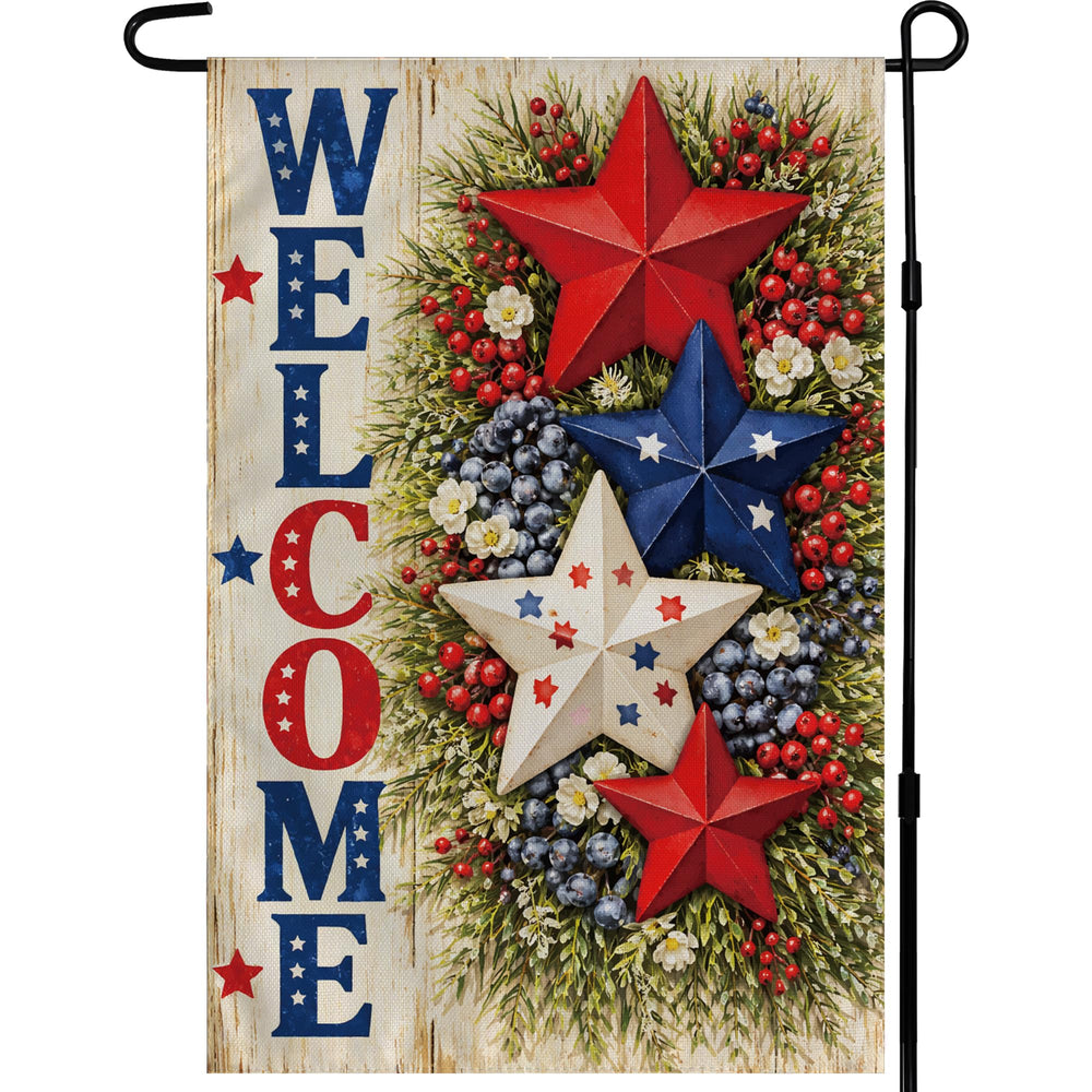 OHOME Patriotic Stars Welcome Garden Flag front view with vibrant design