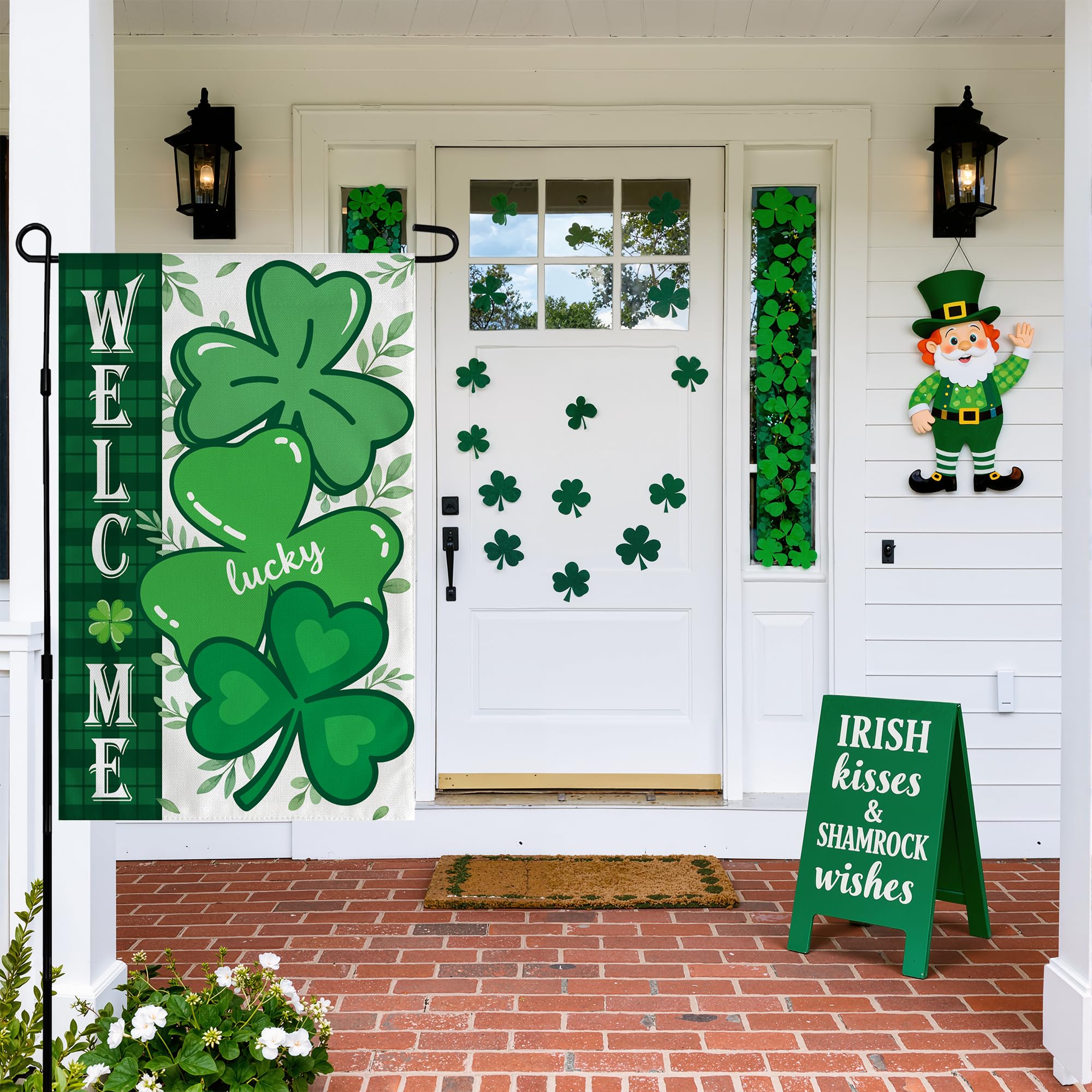 OHOME Shamrock Garden Flag displayed in a garden setting