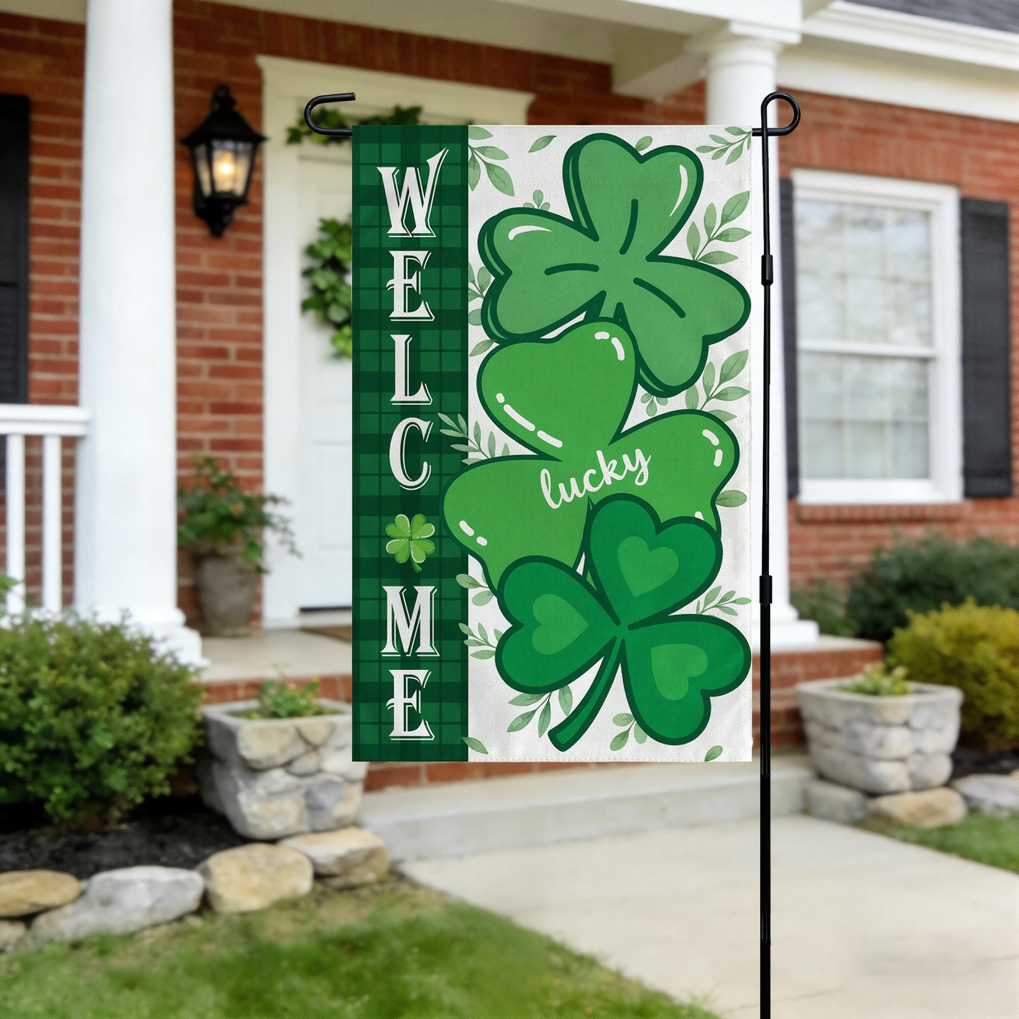 OHOME Shamrock Garden Flag with a warm welcome greeting