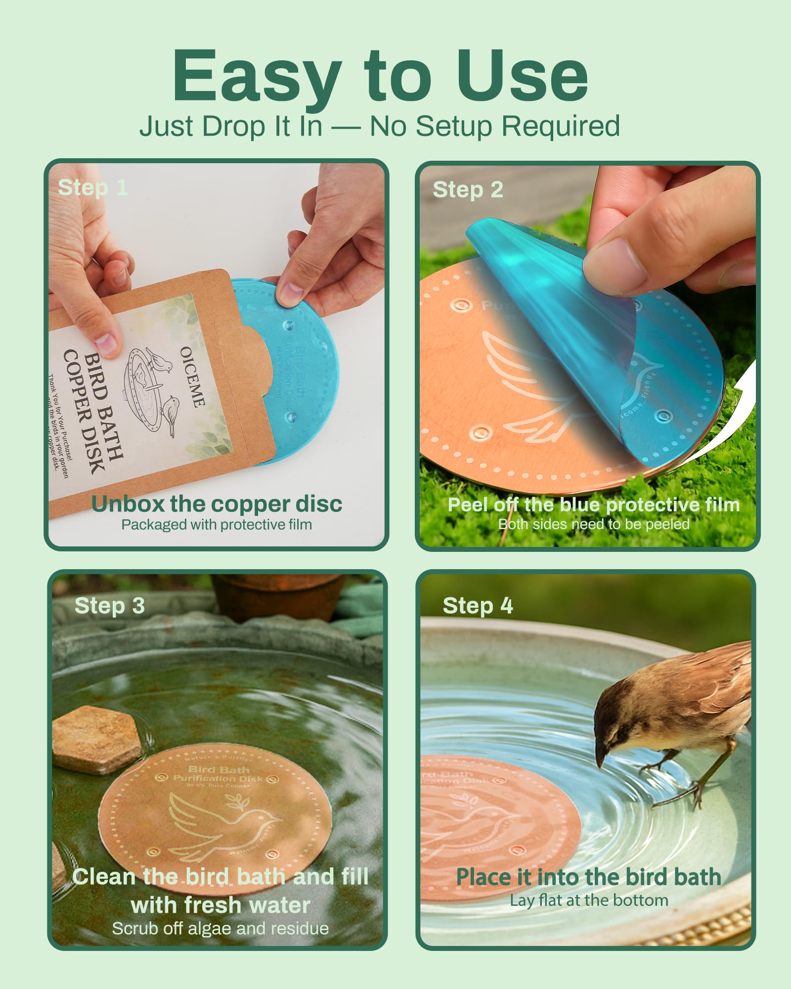 OICEME Bird Bath Purification Disc on a pedestal bird bath