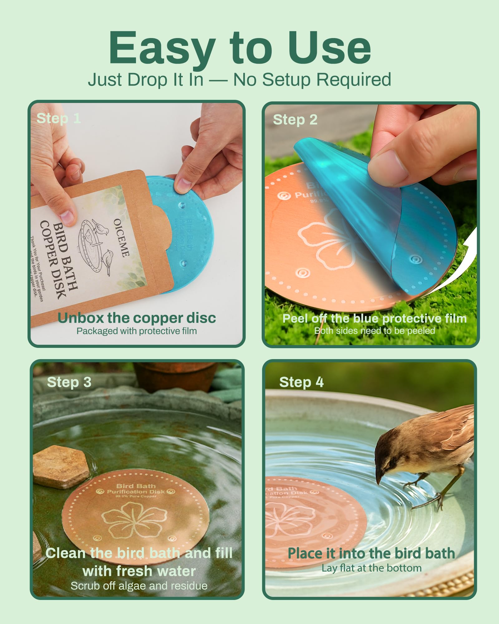 OICEME Bird Bath Purification Disk in outdoor garden setting