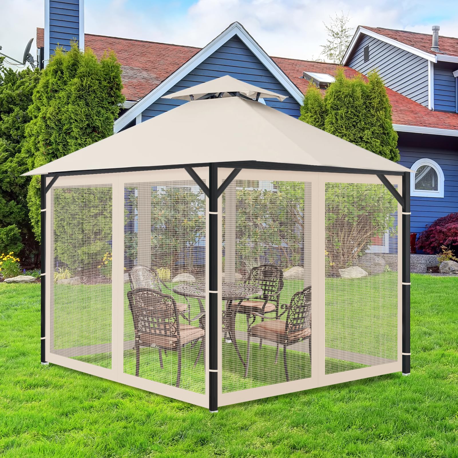 OIPUNSHLE 10x10 gazebo mosquito netting beige in outdoor setting
