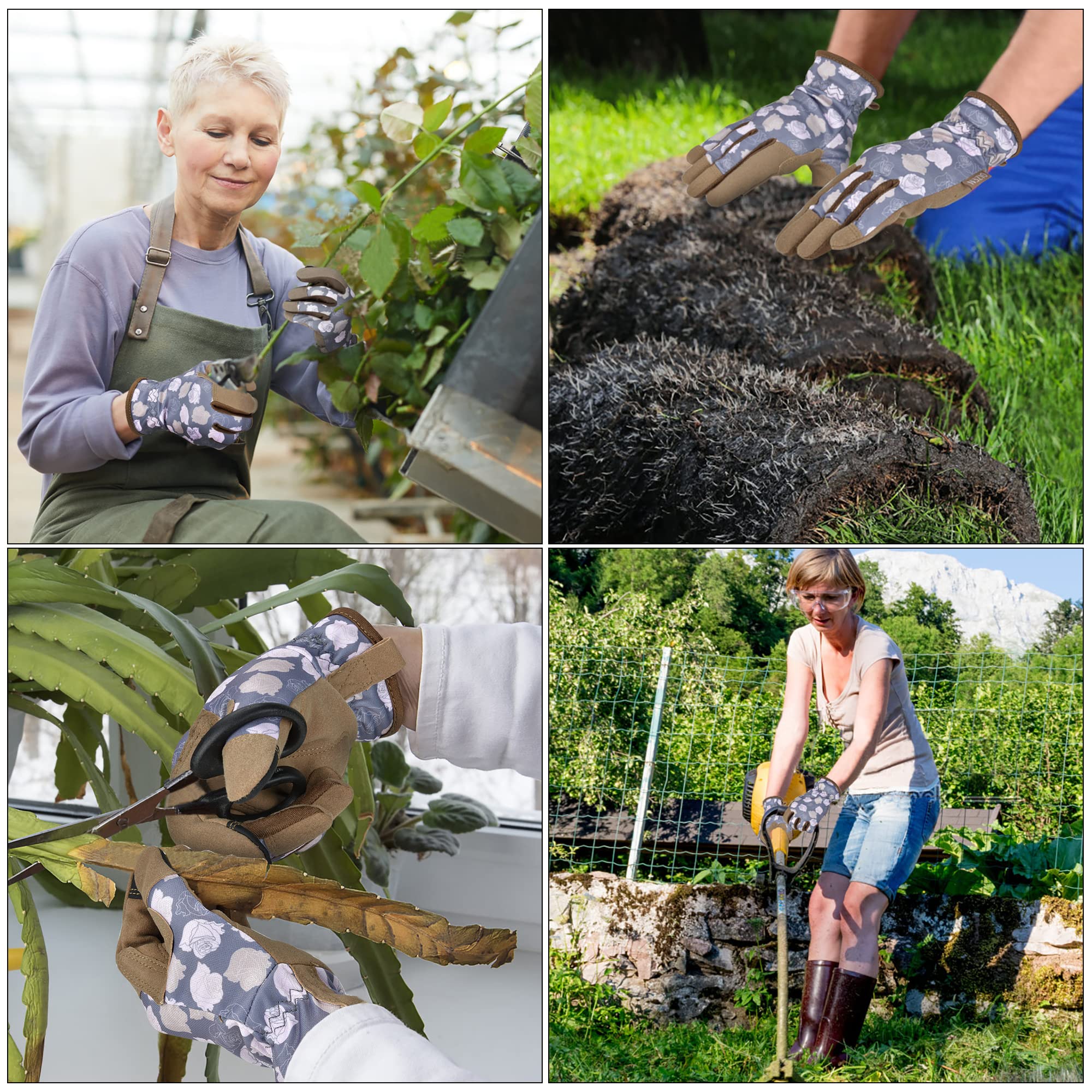 OIZEN Gardening Gloves displayed in garden setting with tools