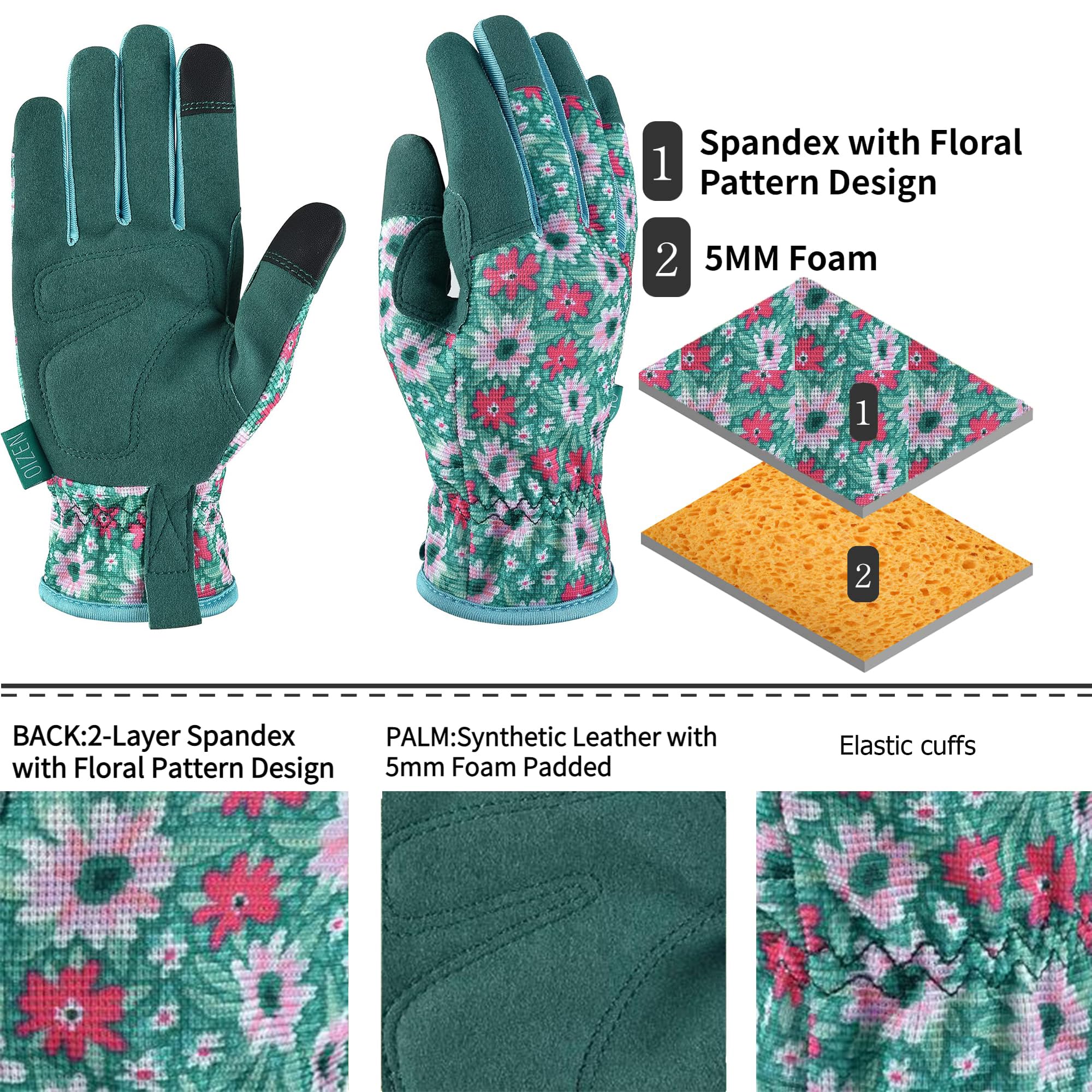 OIZEN Gardening Gloves displayed with gardening tools