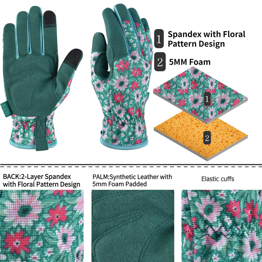 OIZEN Gardening Gloves displayed with gardening tools
