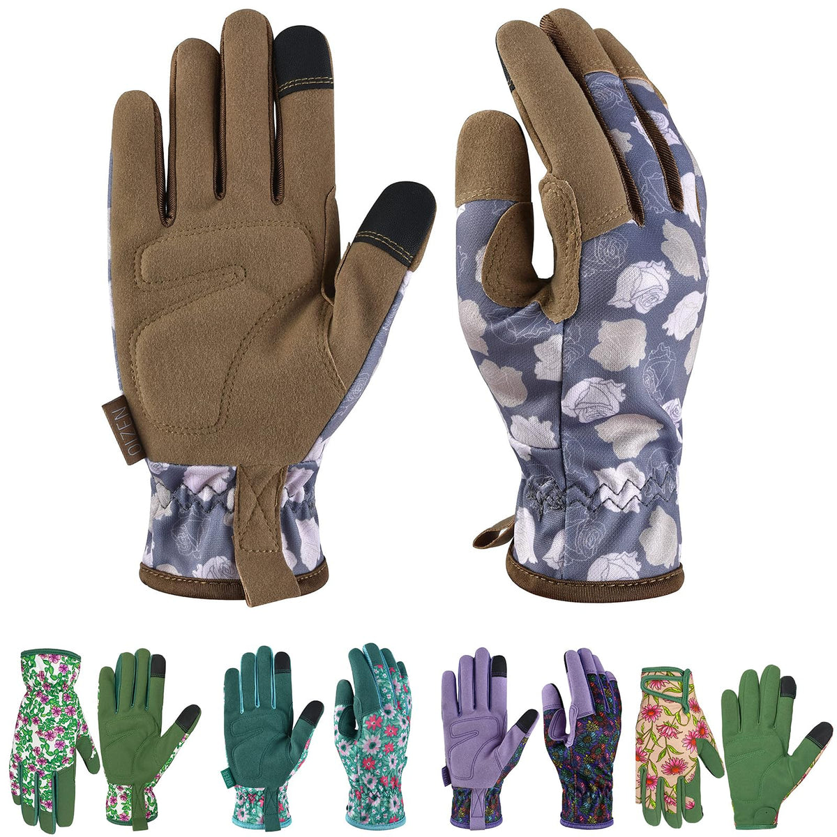 OIZEN Gardening Gloves front view with floral pattern