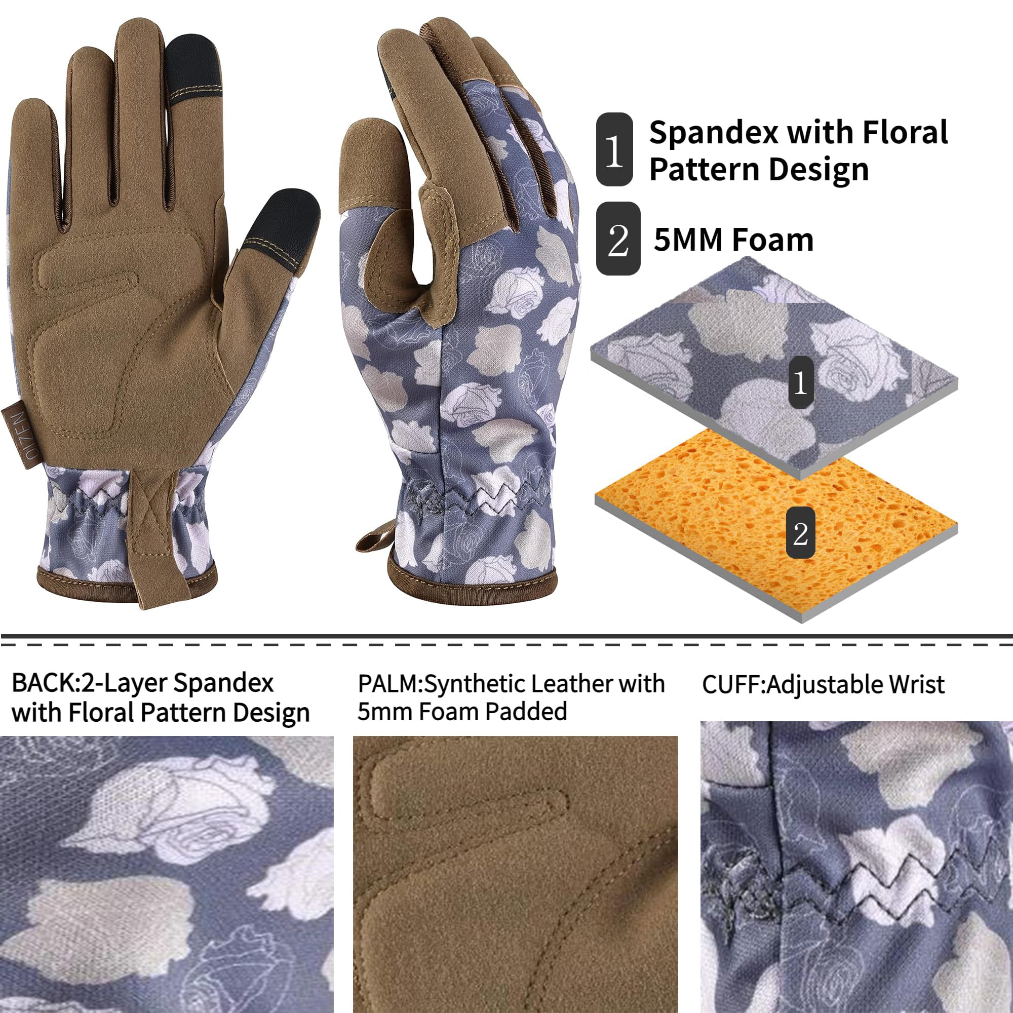 OIZEN Gardening Gloves pair with floral design on the back
