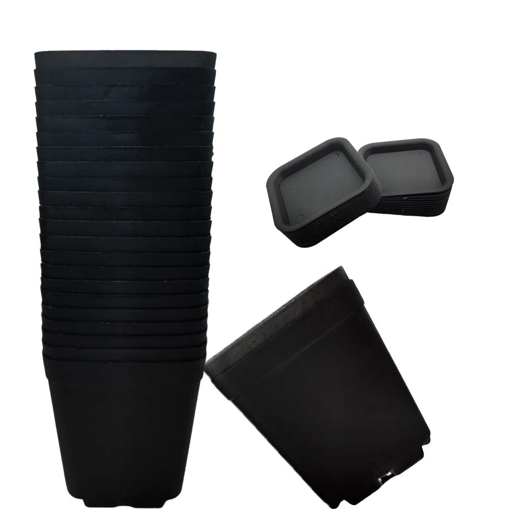 OJYUDD 24 Pack Black Nursery Pots with Saucer front view