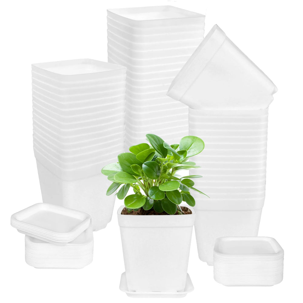 OJYUDD 72 Pcs white square plastic pots with saucer front view