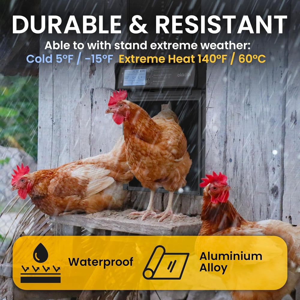 OKKÖBI Chicken Coop Door showing the durable all-weather design