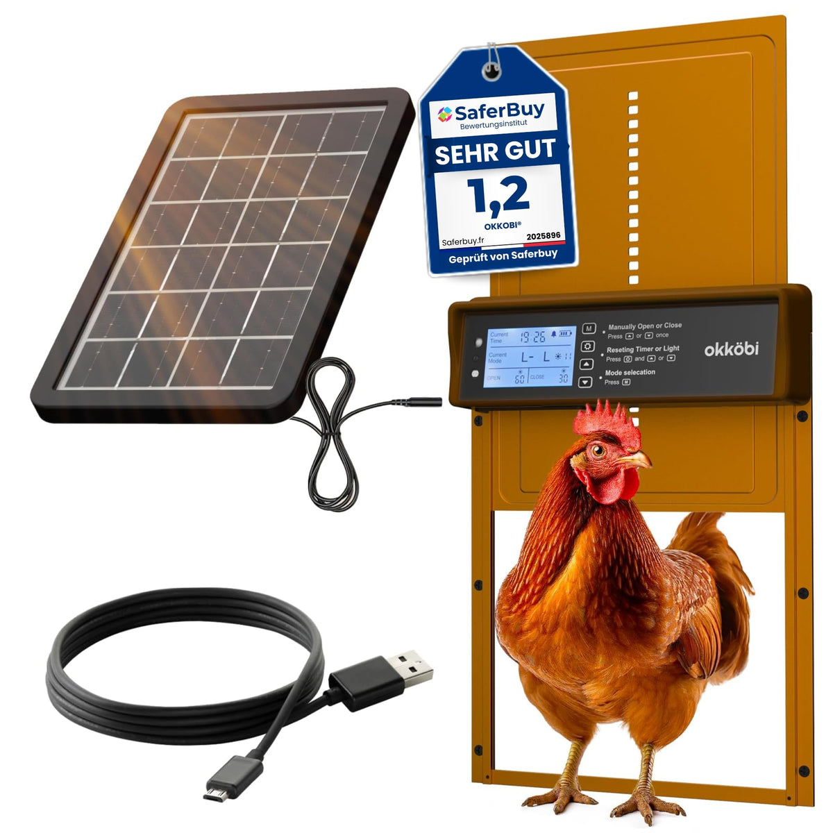 OKKÖBI Chicken Coop Door with solar panel front view