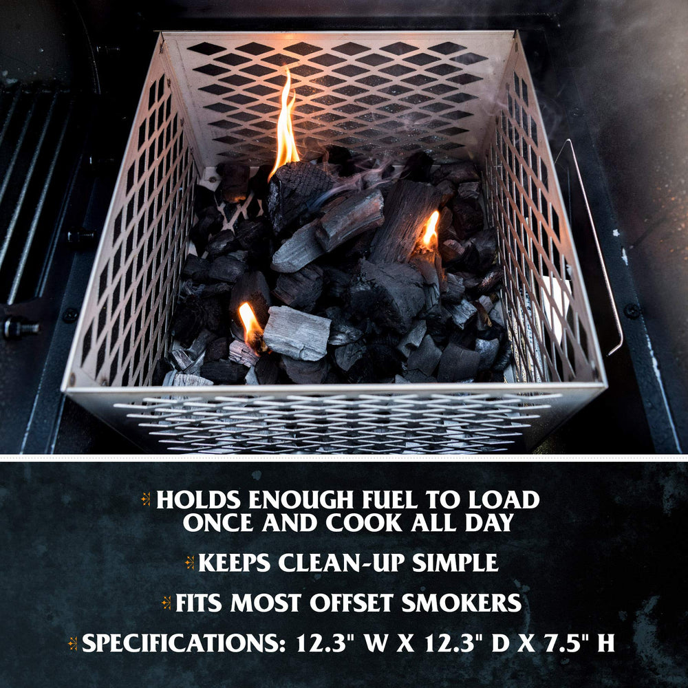 Oklahoma Joe's Charcoal Firebox Basket showing capacity with charcoal