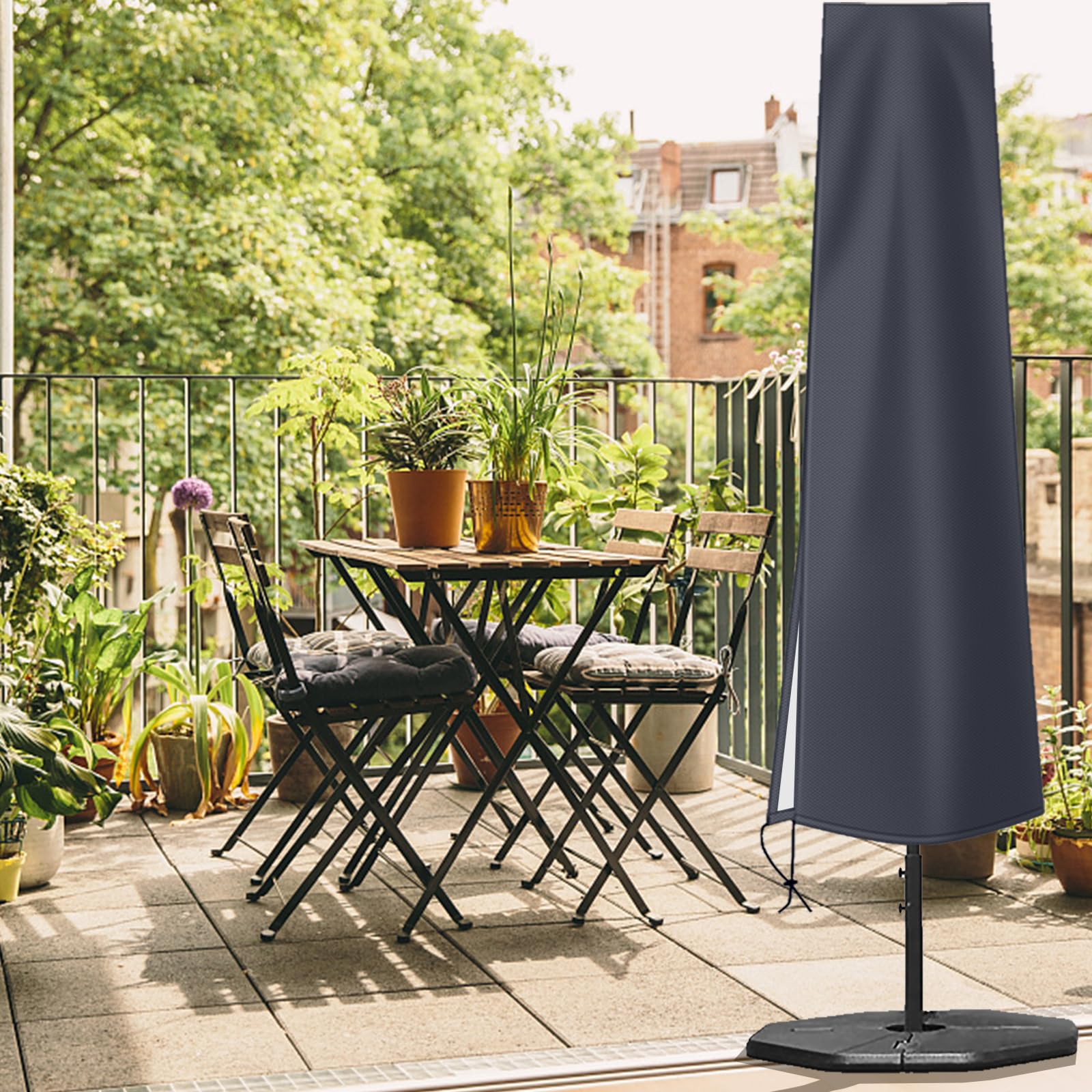 OKPOW Patio Umbrella Cover dimensions displayed on a table