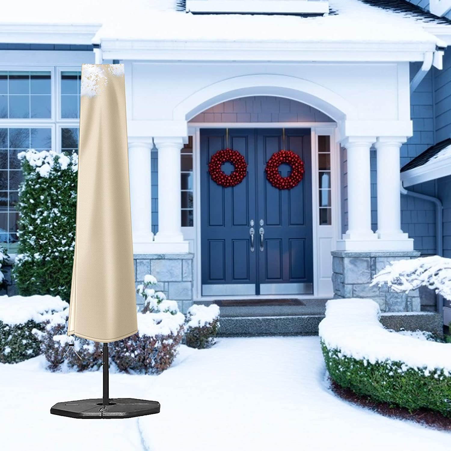 OKPOW Patio Umbrella Cover on 9ft market umbrella in garden