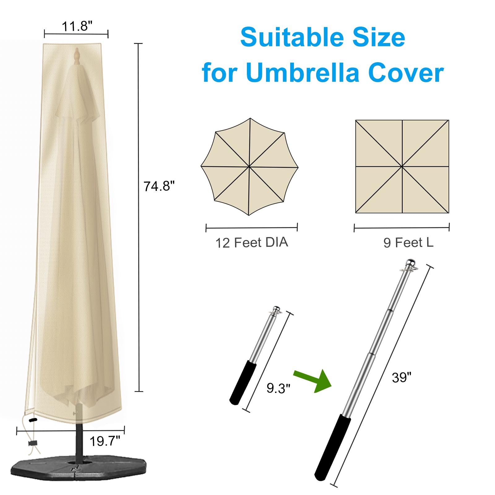 OKPOW Umbrella Cover side view with zipper