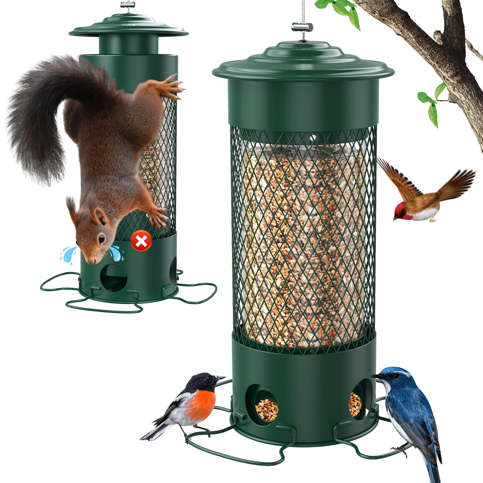 Olaiti Metal Squirrel Proof Bird Feeder front view in green