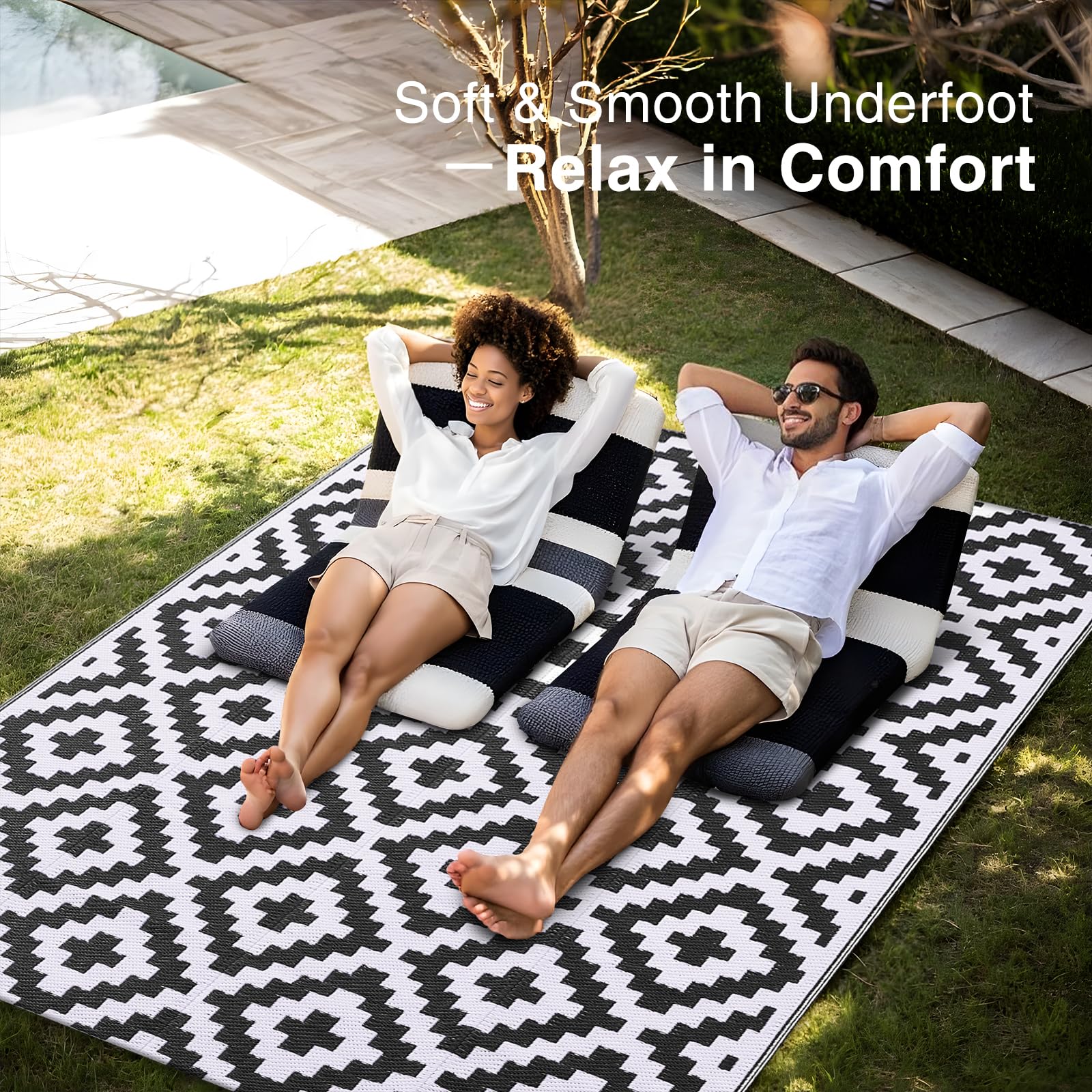 OLANLY 5x8 ft outdoor rug used at a camping site