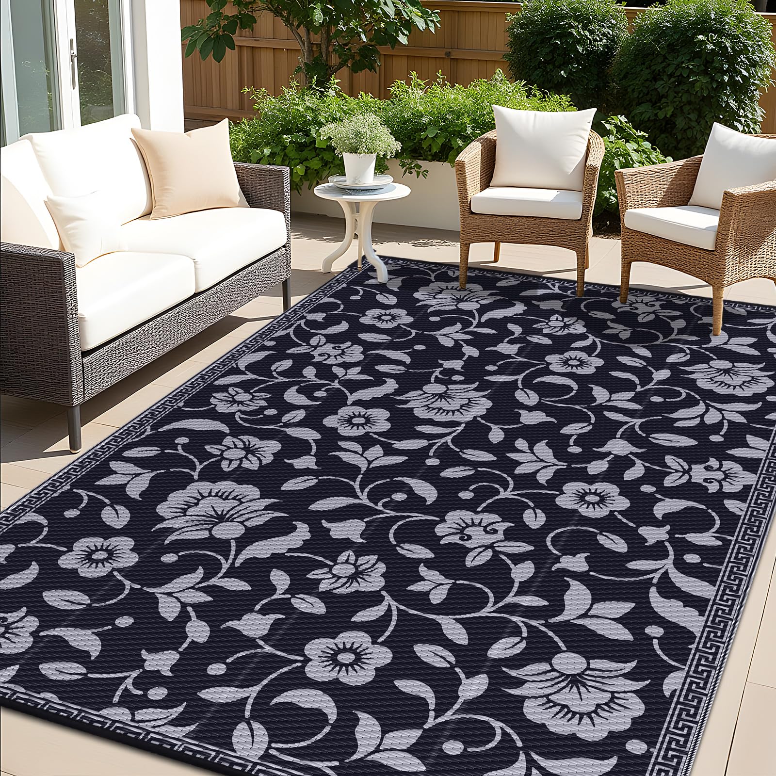 OLANLY 9x12 ft outdoor rug with floral pattern, black and grey