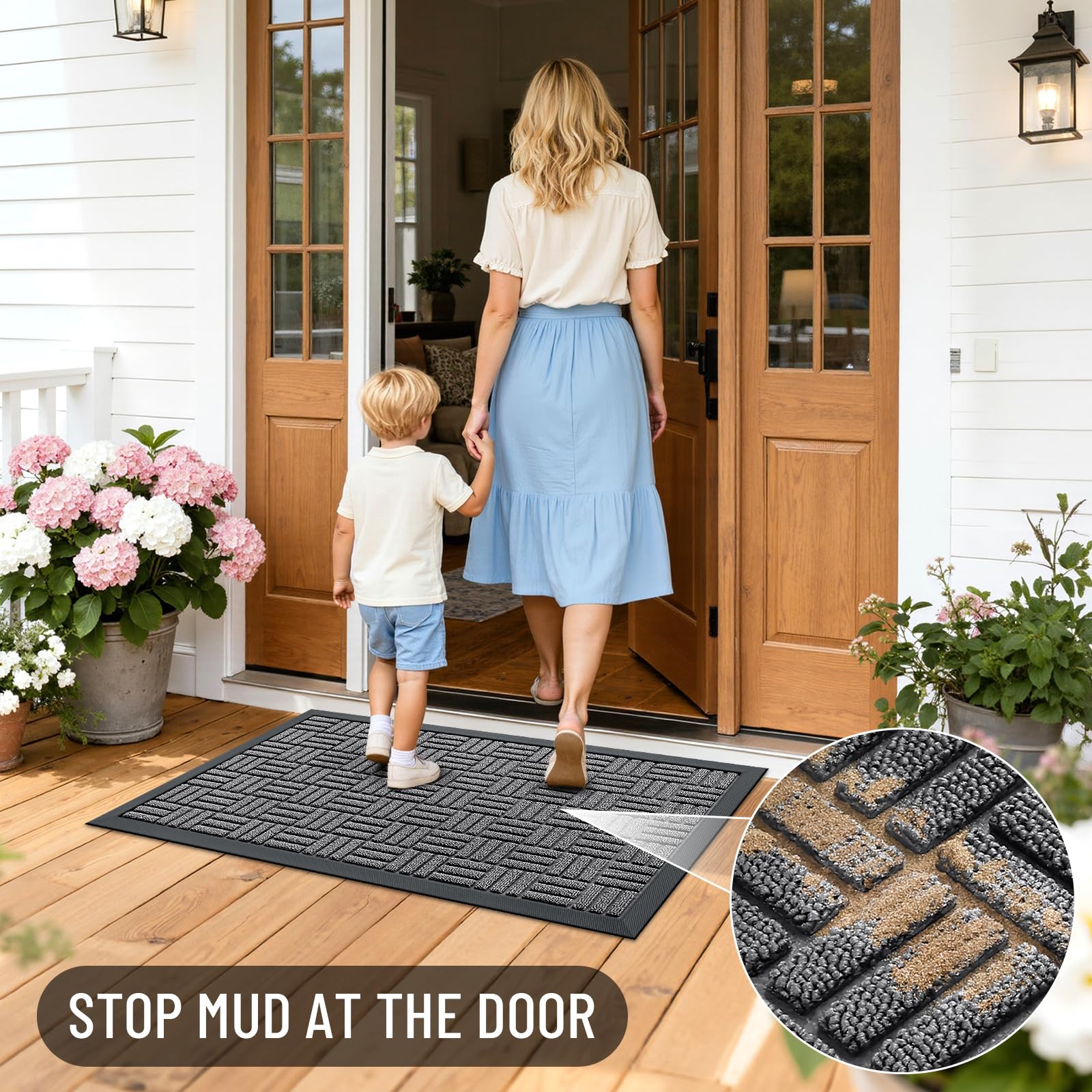 OLANLY doormat 35x23 dimensions displayed next to door