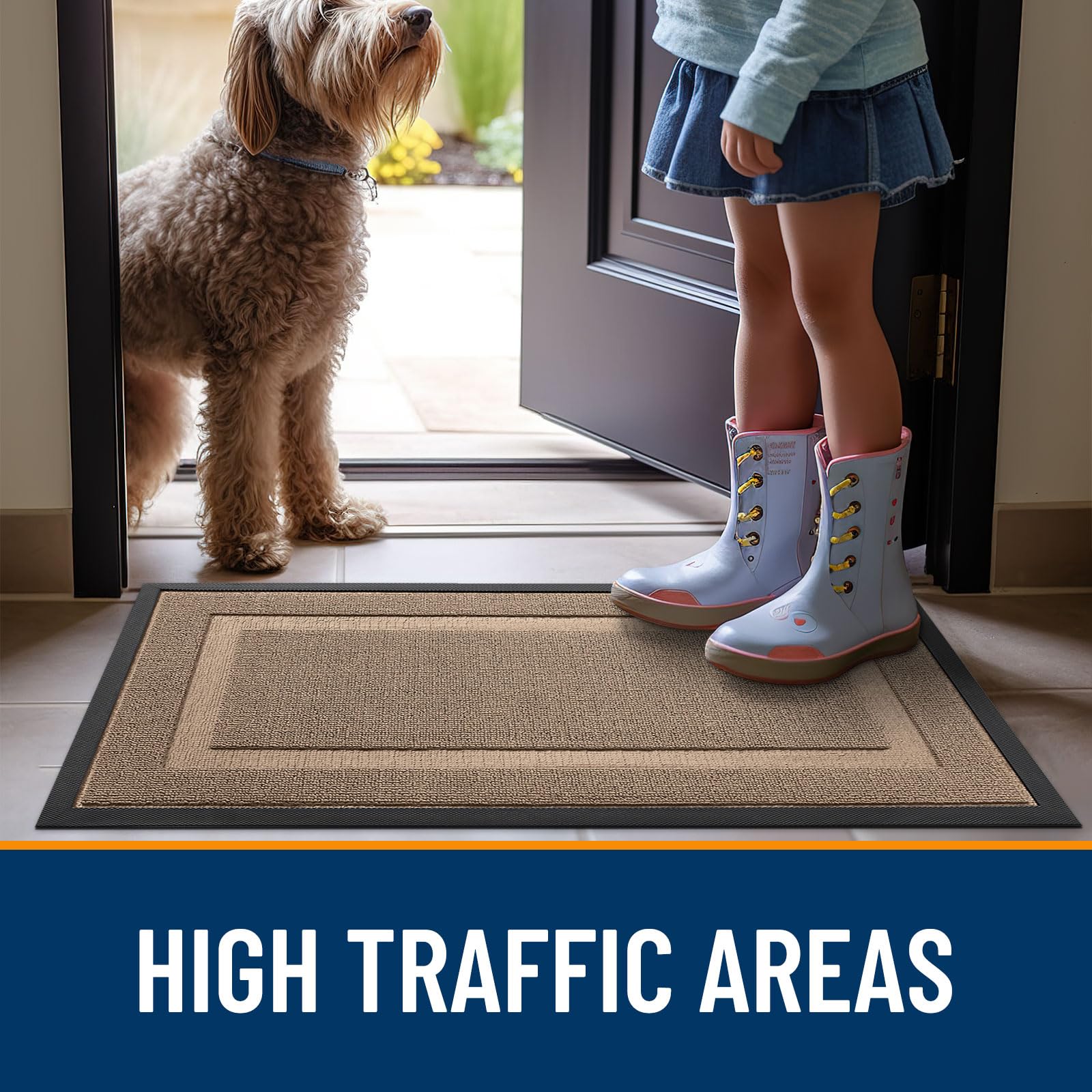 OLANLY doormat being cleaned with a garden hose